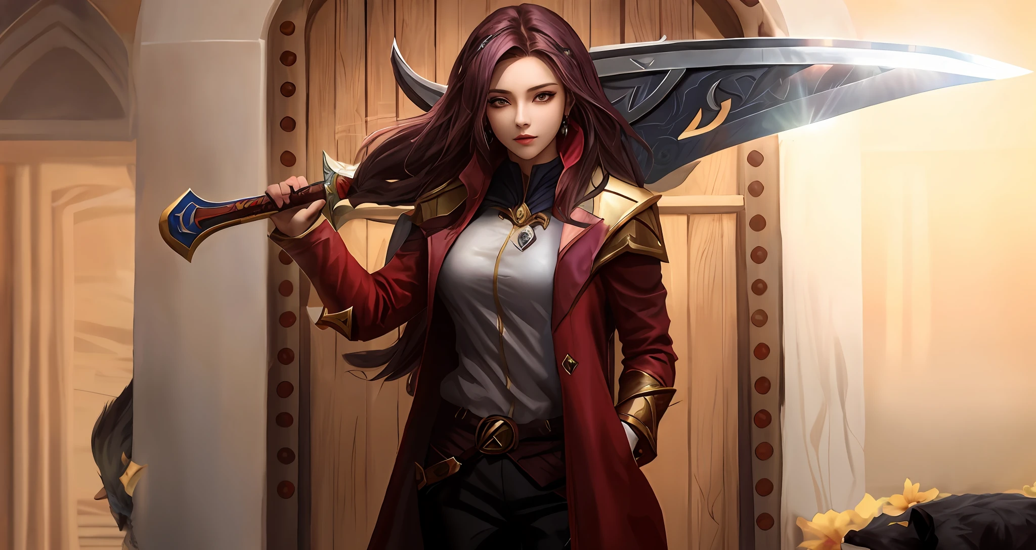 Garota com cabelo vermelho e um casaco preto segurando uma espada de carne em frente a porta de um castelo, com longos cabelos vermelho cereja, mulher musculosa sensual, com cabelos vermelho cereja, com espada grande, ela tem cabelos cereja, cabelos vermelhos cereja e olhos vermelhos, League of Legends Splash Art, detailed face, detailed hand, espada viva, espada de carne viva, espada viva com olhos, melhor qualidade, garota, mulher, female, espada com olhos, sword made with muscles equal to that of animals, rosto anime, anime face, light skin