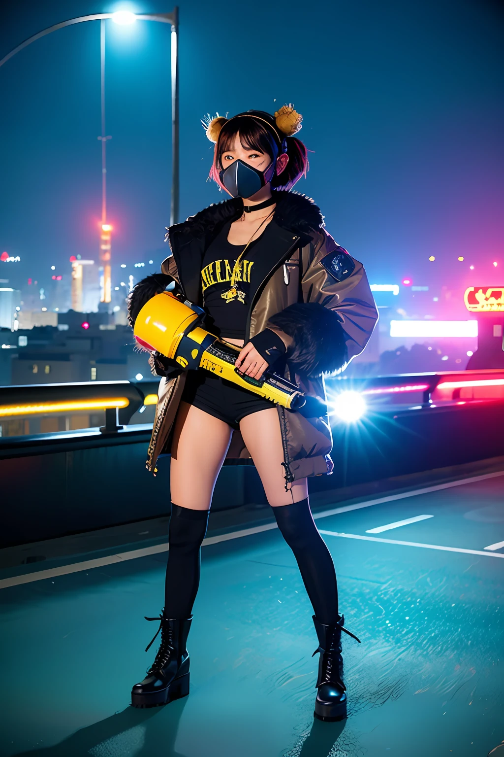 gals、Large gas mask、fur-coat、dictator、Big dragon tattoo、Tattoos all over the body、Glowing headgear、On the rooftop、Huge background is a neon sign、Leather gloves、long boots、Holding a Japan sword、Baseball armor、insurrection、Nuclear power plant in the background、Terrorist groups、Fluorescence Headgear、short-haired、bleu hair、Ignite fire from a flamethrower、middle school girl、14years、gas masks、high socks、Rooftop at night、City on fire in the background