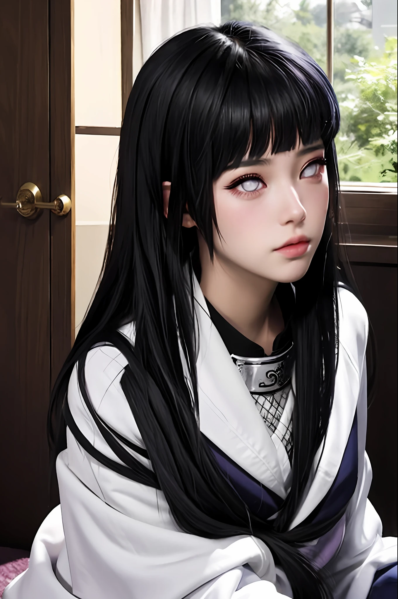 ((Obra-Prima)), digital ART, alta resolução, Hyuuga Hinata, cabelo longo, long hair, Hinata Hyuuga, ART realista, olhos lilases, princesa do Byakugou, bem detalhada, solo, 1girl, fundo floral bem iluminado