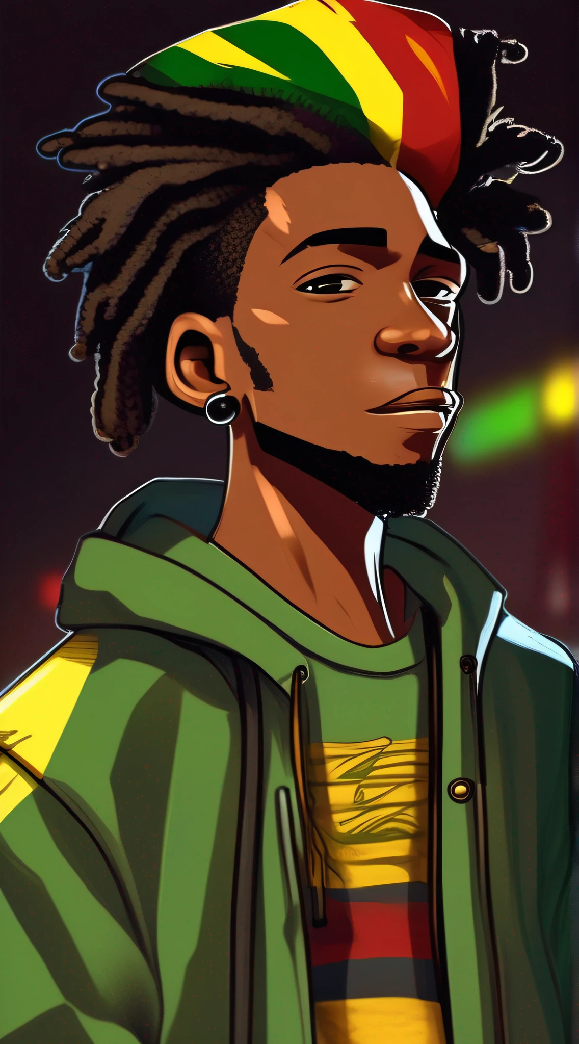 um personagem homem fumando, jovem de 20 anos, rosto perfeito, olhos perfeitos, usando roupas do reggae, Looking at the front camera, (fumando), detalhes intricados, arte estilo cartoon, estilo desenho animado