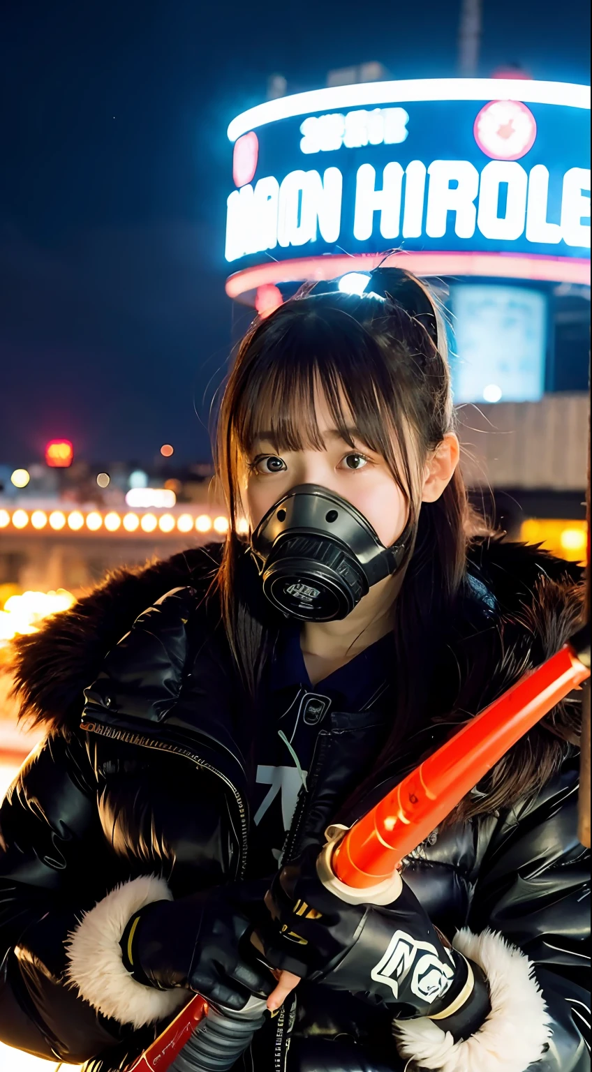 Large gas mask、fur-coat、dictator、Big dragon tattoo、Tattoos all over the body、Glowing headgear、On the rooftop、Huge background is a neon sign、Leather gloves、long boots、Holding a Japan sword、Baseball armor、insurrection、Nuclear power plant in the background、Terrorist groups、Fluorescence Headgear、short-haired、bleu hair、Ignite fire from a flamethrower、middle school girl、14years、gas masks、high socks、Rooftop at night、City on fire in the background