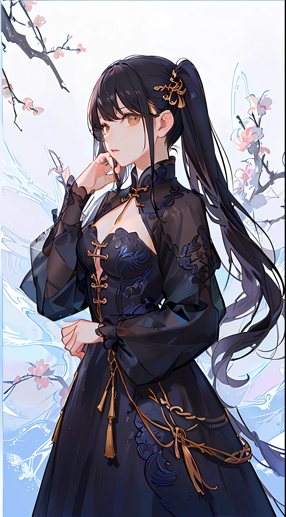 Girl,full - body,(Detailed Face:1.2), Masterpiece, moda,Chinese dress,, Medium Hair, black hair, twintails, blunt bangs, Brown eyes,