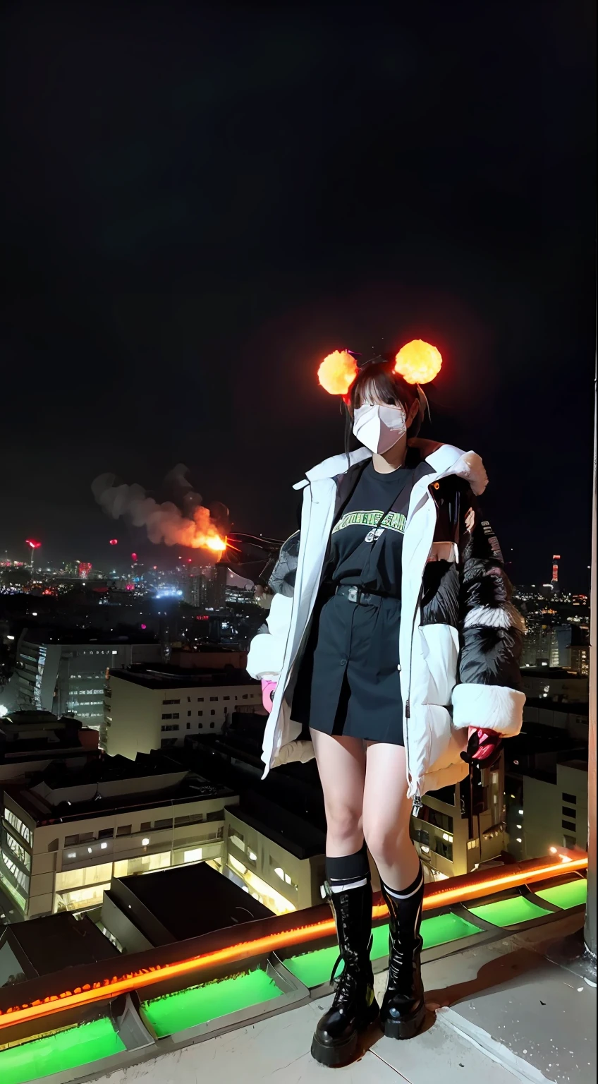Large gas mask、fur-coat、dictator、Big dragon tattoo、Tattoos all over the body、Glowing headgear、On the rooftop、Huge background is a neon sign、Leather gloves、long boots、Holding a Japan sword、Baseball armor、insurrection、Nuclear power plant in the background、Terrorist groups、Fluorescence Headgear、short-haired、bleu hair、Ignite fire from a flamethrower、middle school girl、14years、gas masks、high socks、Rooftop at night、City on fire in the background