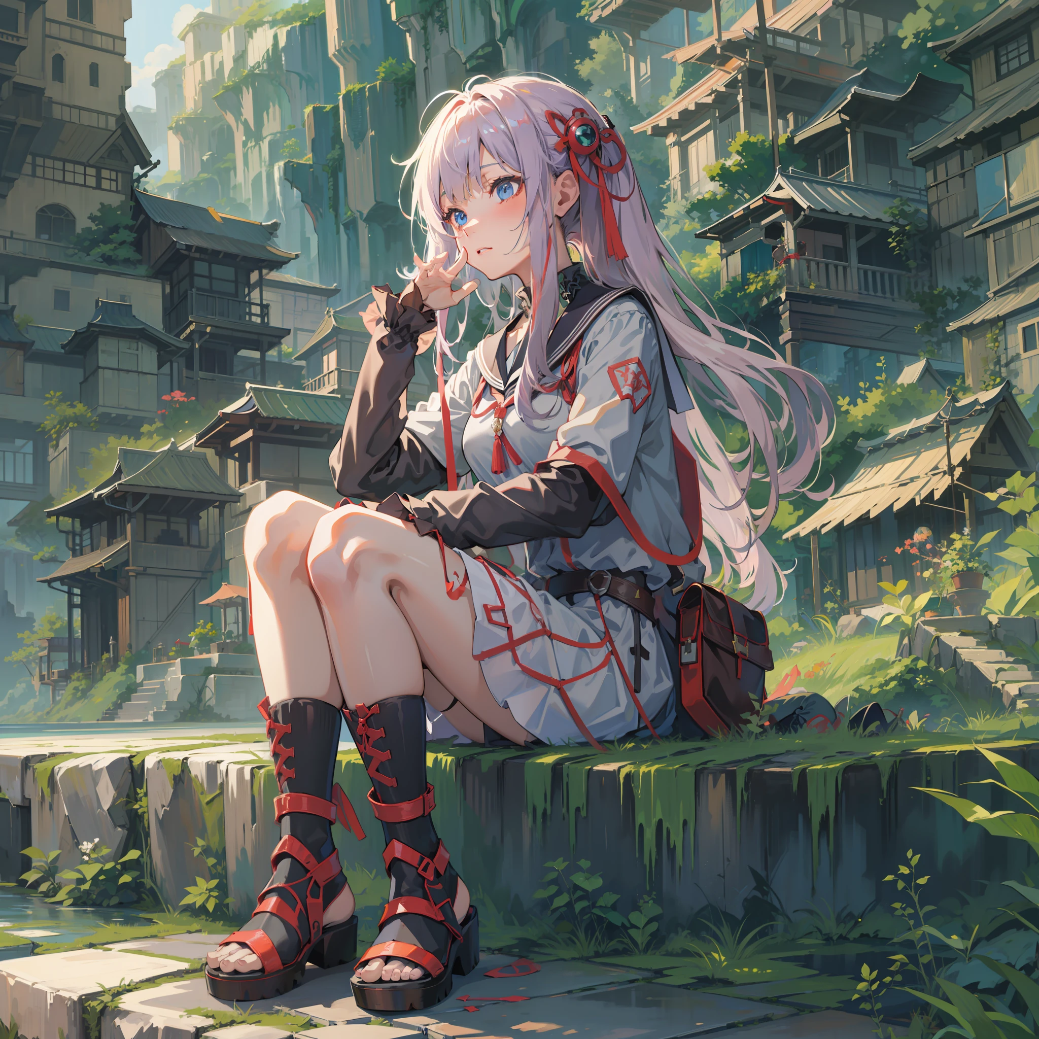Seated anime girl, anime style 4 k, A, Very beautiful girl with long hair ,Anime 4K, Anime art wallpaper 8k,,Buildings and cliffs eroded by vegetation,(Background Main:1.3),arknights、made in abyss、Chinese style illustration、Fantasia、detailed digital art、Beautiful、detailed portrait of an anime girl、hi-school girl、military outfits