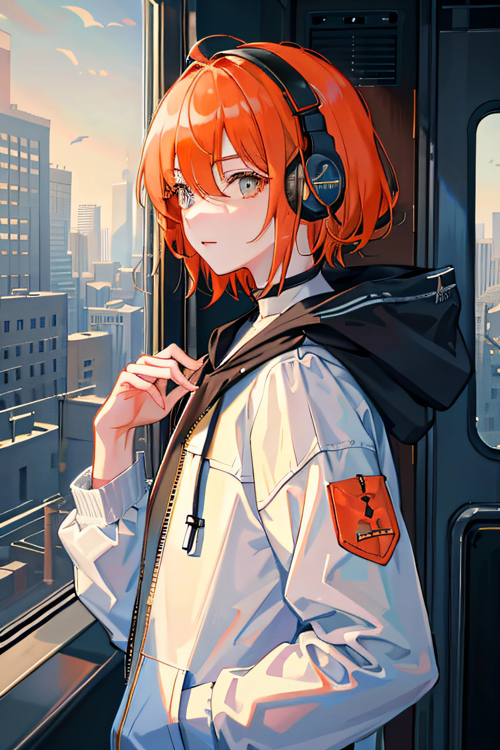 (masterpiece, sidelighting, ultra-detailed, fine detailed beautiful eyes: 1.2), 1boy, bag, building, from side, headphones, hood, hood down, hooded jacket, hoodie, jacket, short hair, orange hair, profile, white hair , 独奏, trains, Train interior, The upper part of the body, Masterpiece, best quality