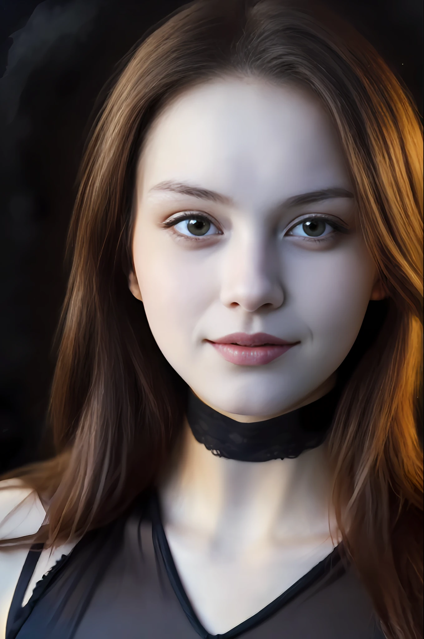 (close-up, editorial photograph of a 21 year old woman), (highly detailed face:1.4) (smile:0.7) (background inside dark, moody, private study:1.3) POV, leotard, villainess, look at camera