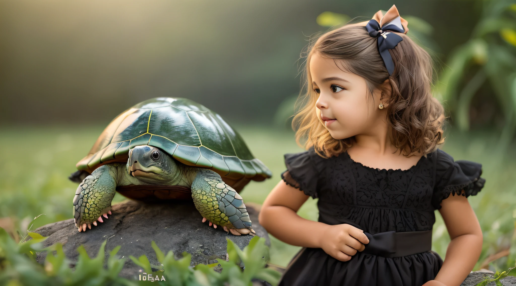 CHILD girl with a black bow and a black dress and TURTLE . , com cabelo castanho escuro, meninaabelo castanho, fitas de cabelo preto, uma bela adolescente-idade, wearing hair bow, menina jovemlo castanho e olhos grandes, foto de meio comprimento,
