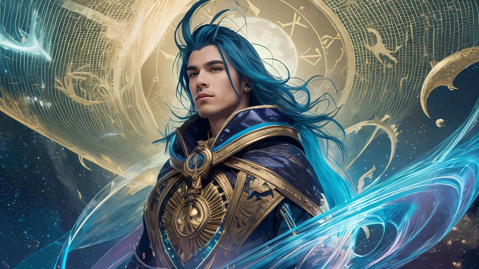 "Generate a charismatic male god with vibrant blue hair and Gemini zodiac sign on the planet Mercury, donned in full body attire, and a gust of air on his hands."