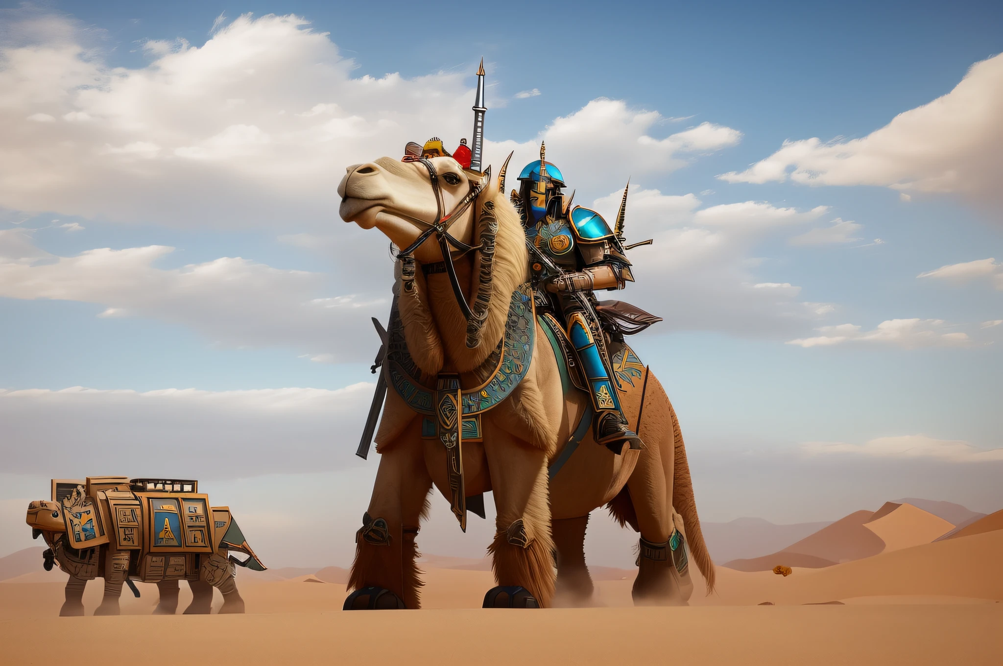 Warhammer, Mechanized camel, Cyborg camel, King of the Desert, An intimidating position, Beautiful and graceful, Mongolia, And against the backdrop of the apocalypse