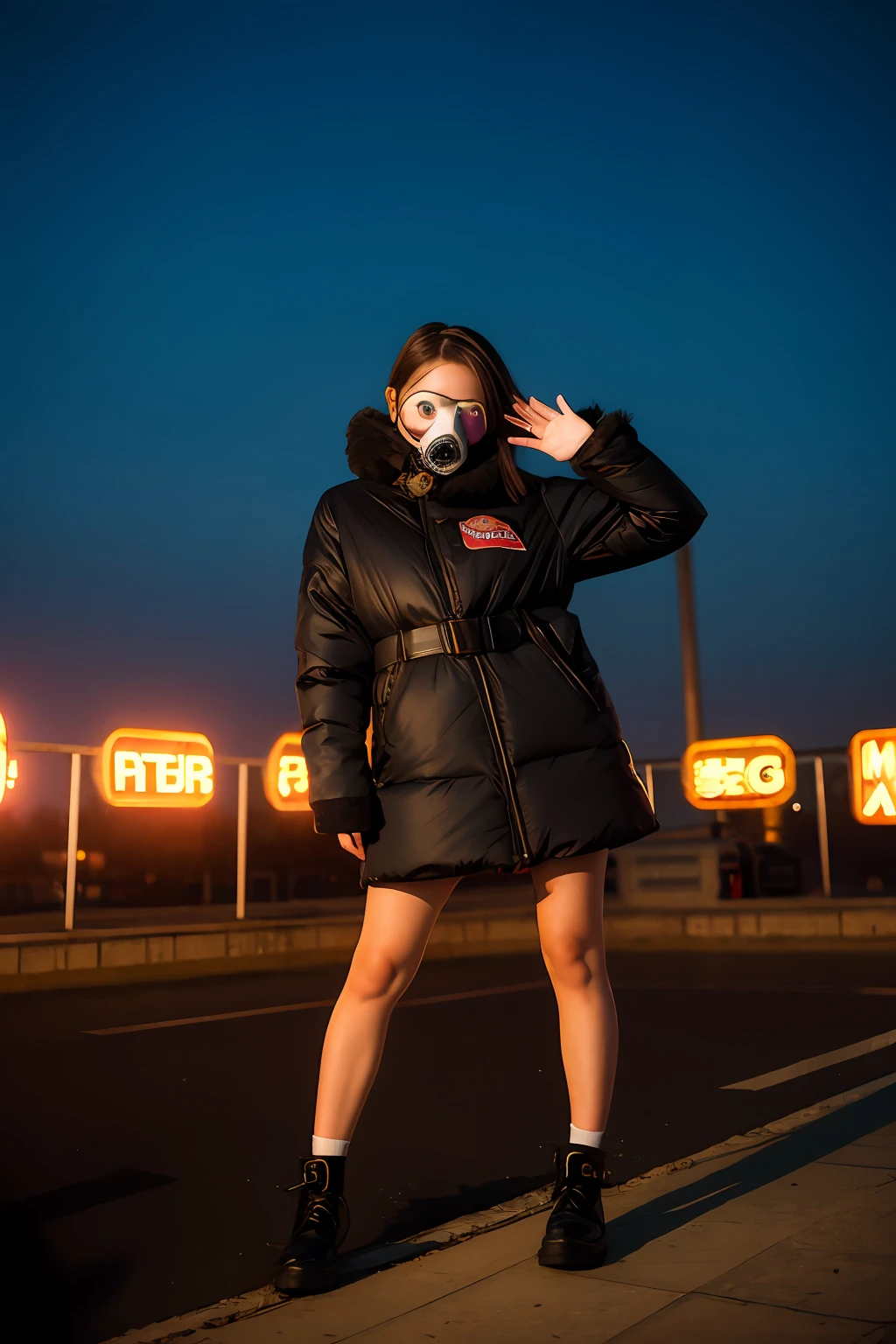 middle school girl、14years、Large gas mask、fur-coat、dictator、Big dragon tattoo、Tattoos all over the body、Glowing headgear、On the rooftop、Huge background is a neon sign、Leather gloves、long boots、Holding a Japan sword、Baseball armor、insurrection、Nuclear power plant in the background、Terrorist groups、Fluorescence Headgear、short-haired、bleu hair、Ignite fire from a flamethrower、middle school girl、14years、gas masks、high socks、Rooftop at night、City on fire in the background