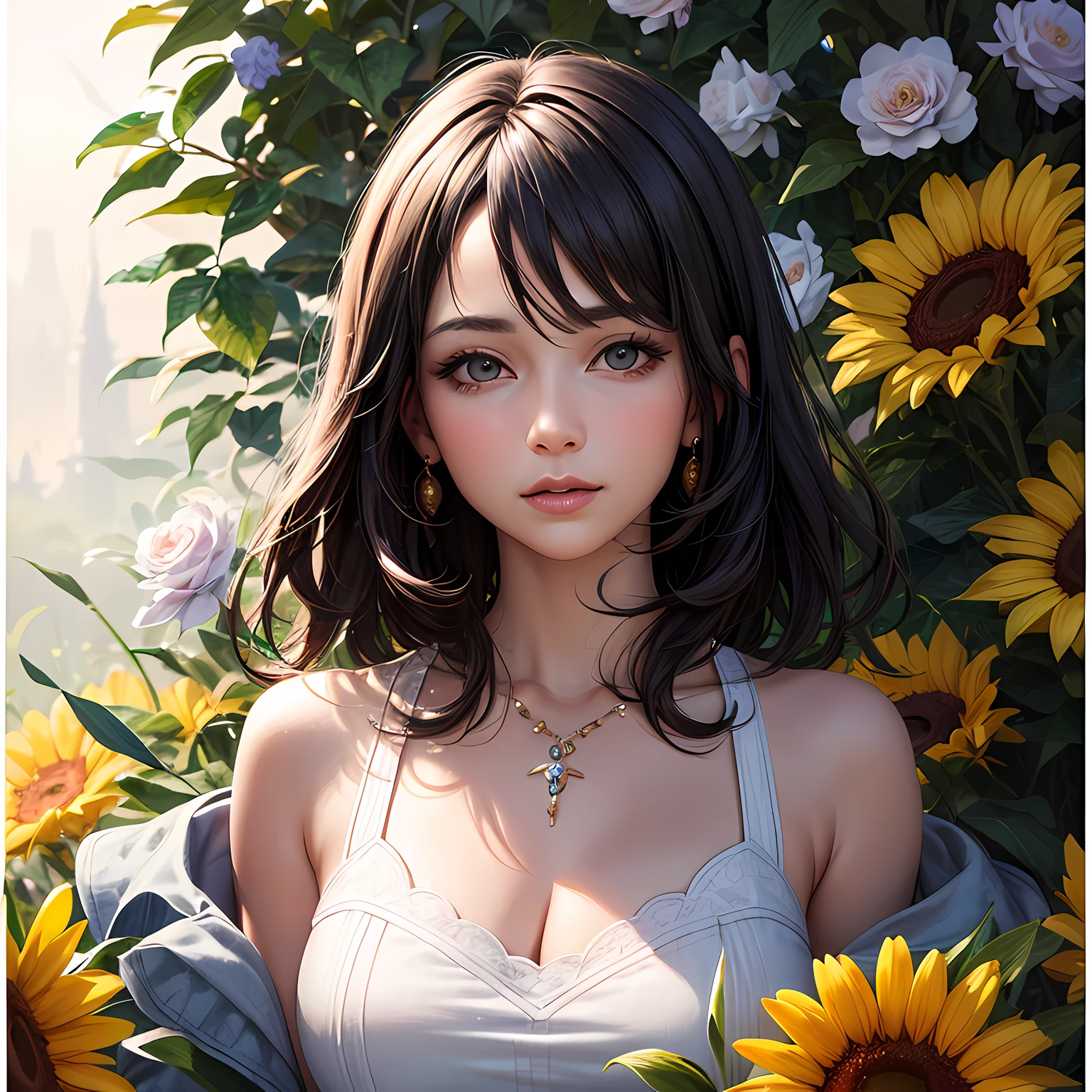 (masterpiece, best quality), photorealistic illustration, mature woman, flower dress, colorful, darl background,flower armor, complementary colors theme,
