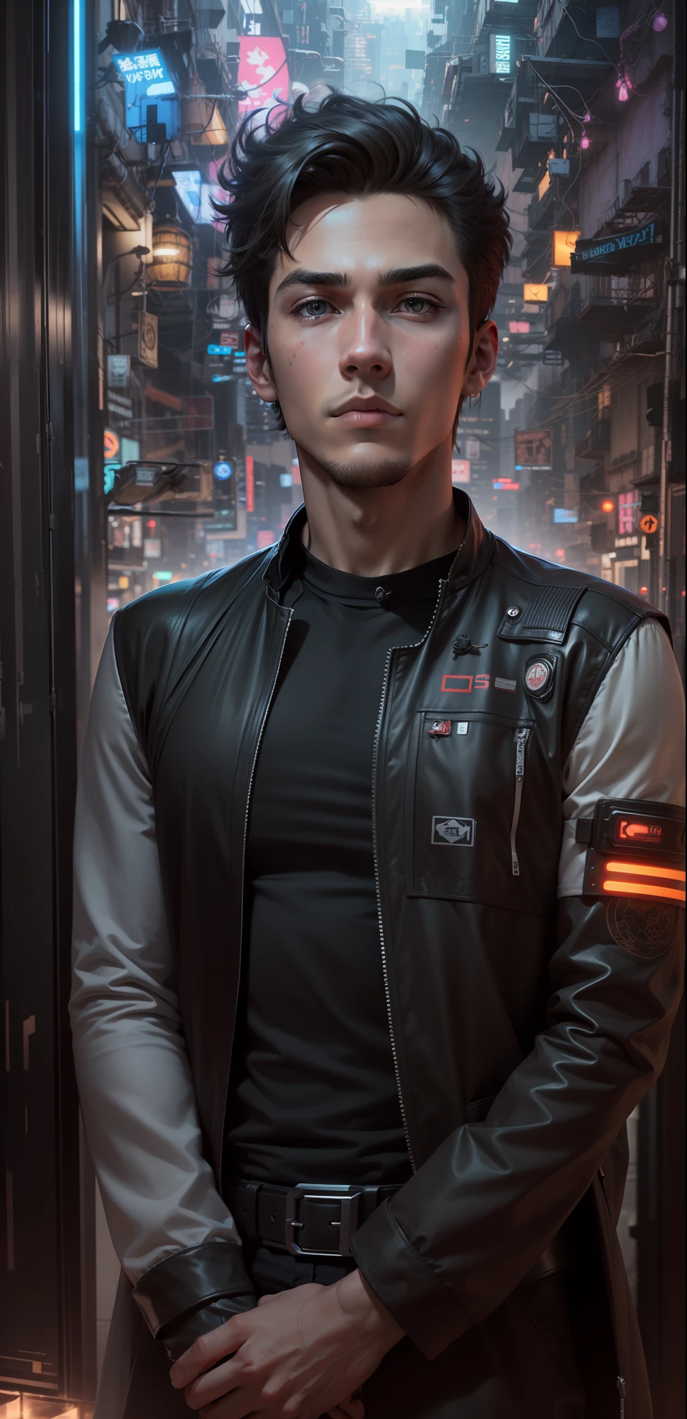 Change background cyberpunk ,handsome boy, anime look, face should be realistic but the body style or style should professional modeler