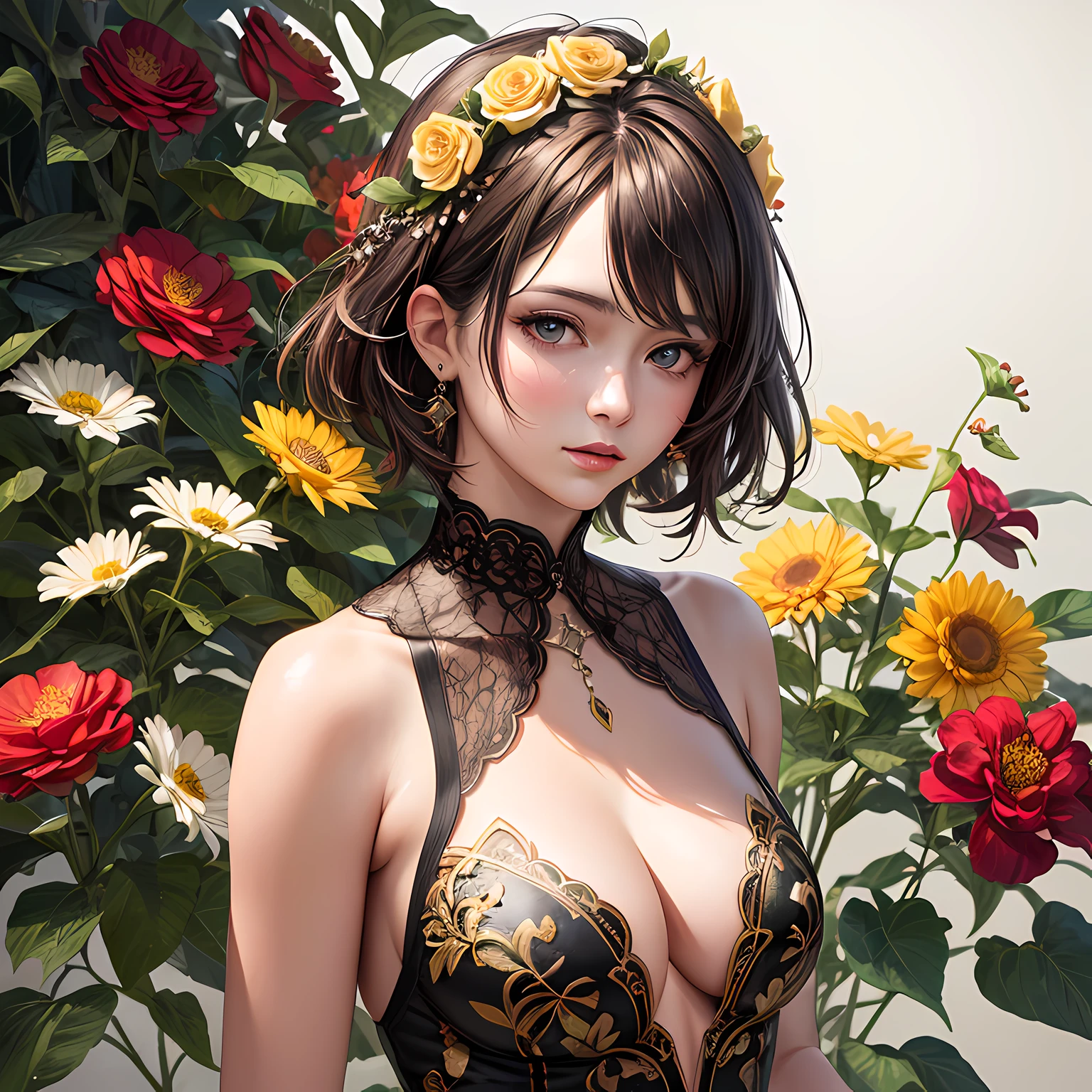 (masterpiece, best quality), photorealistic illustration, mature woman, flower dress, colorful, darl background,flower armor, complementary colors theme,