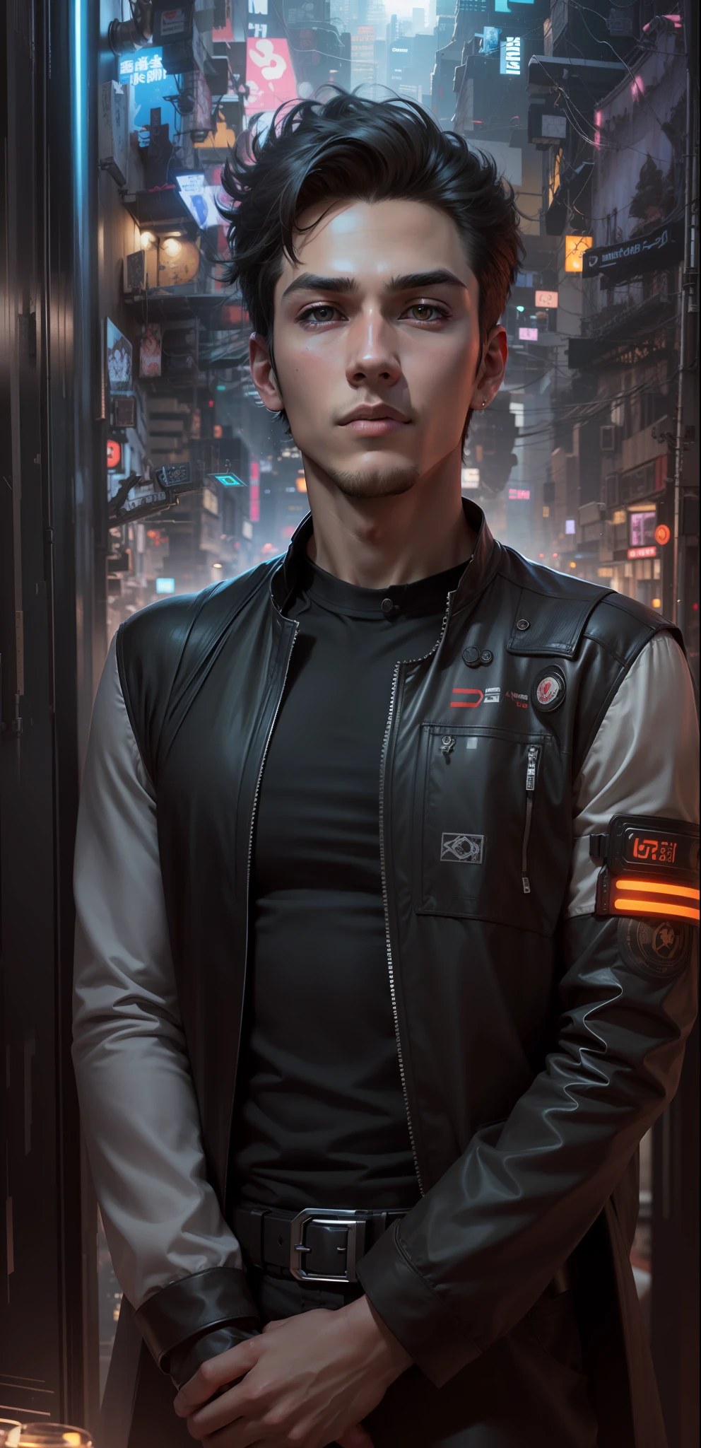 Change background cyberpunk ,handsome boy, anime look, face should be realistic but the body style or style should professional modeler