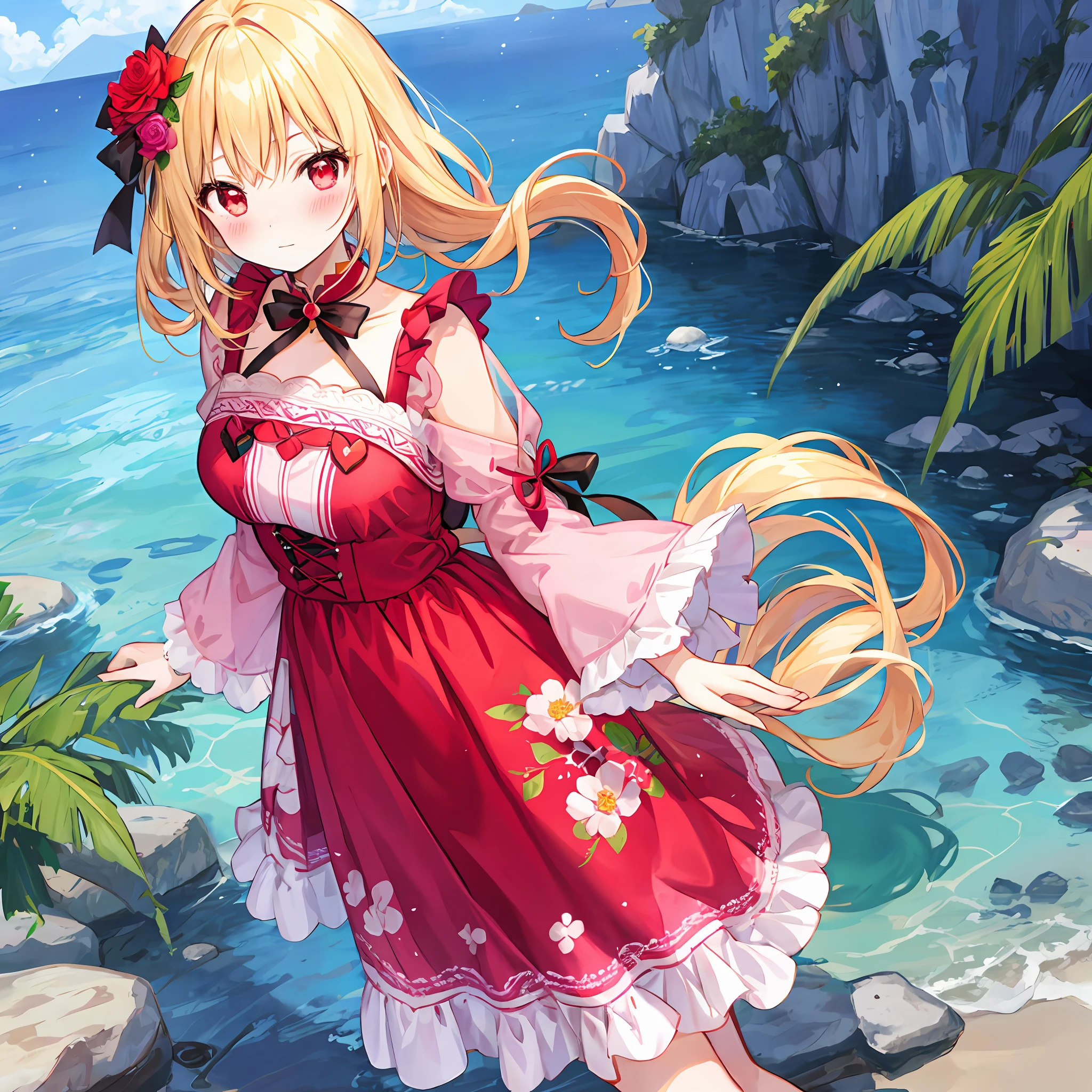 red blush、blonde hair、red eyes、Beautiful girl alone、animesque、独奏、Pink dress、florals、lonely