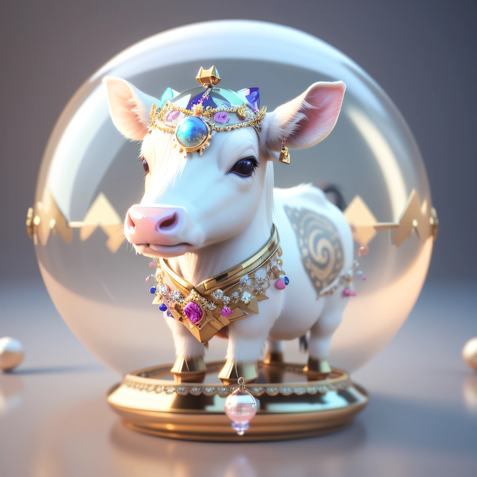 There is a glass ball，There is a cow inside, cute 3 d render, depicted as a 3 d render, smooth 3d cg render, Rendered in Cinema4D, rendered in cinema 4 d, Rendered in redshift, beautiful animal pearl queen, Blender 3 D 8 K, rendered in keyshot, 3 d render stylized