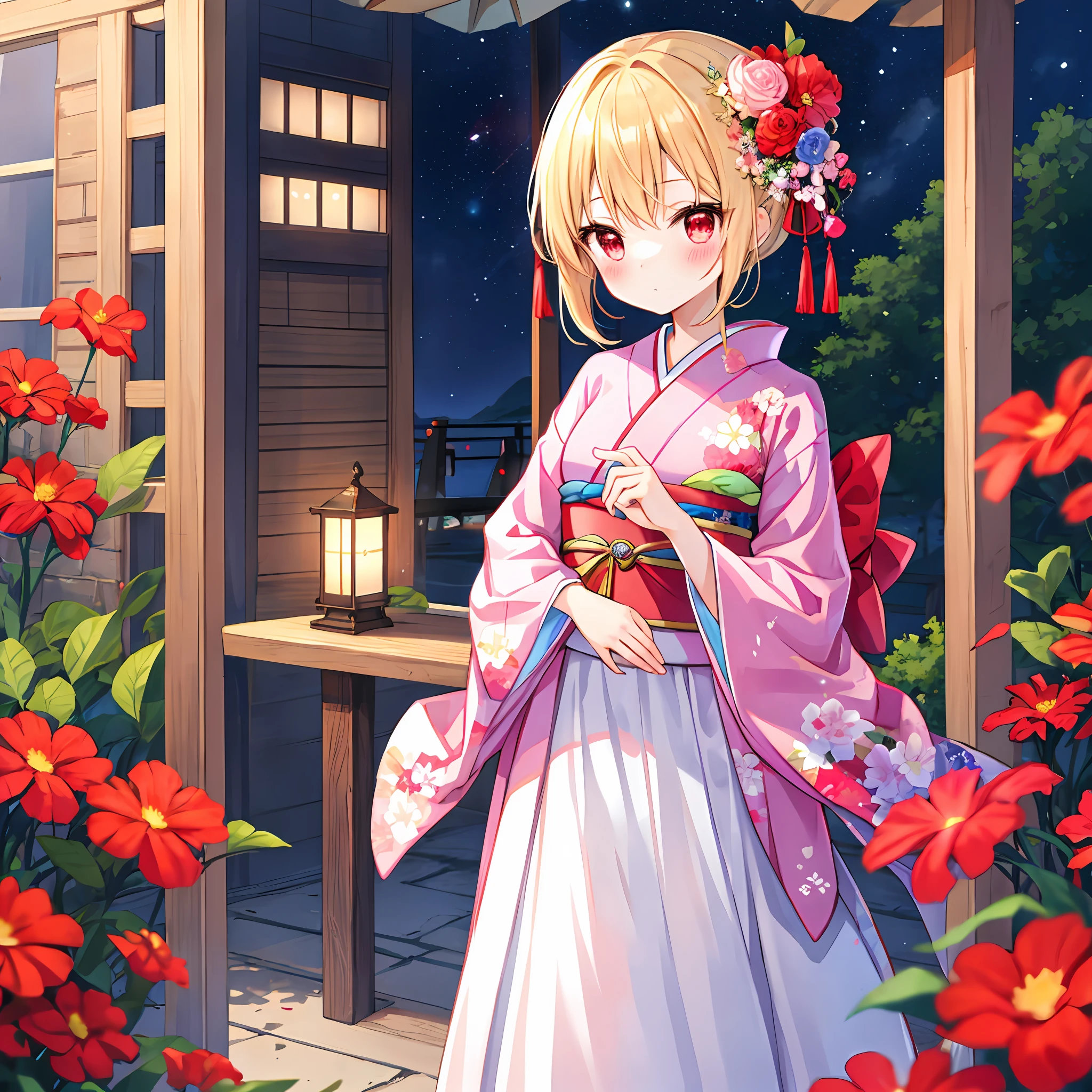 red blush、blonde  hair、red eyes、Beautiful girl alone、animesque、独奏、Kimono、florals、lonely、Heavenly daughter