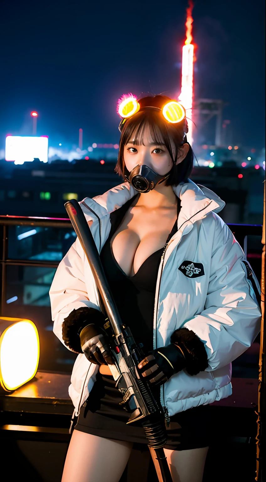 Beautiful girl with huge breasts、Neon sign-on in the background、gals、Large gas mask、fur-coat、dictator、Big dragon tattoo、Tattoos all over the body、Glowing headgear、On the rooftop、Huge background is a neon sign、Leather gloves、long boots、Holding a Japan sword、Baseball armor、insurrection、Nuclear power plant in the background、Terrorist groups、Fluorescence Headgear、short-haired、bleu hair、Ignite fire from a flamethrower、、14years、gas masks、 socks、Rooftop at night、City on fire in the background