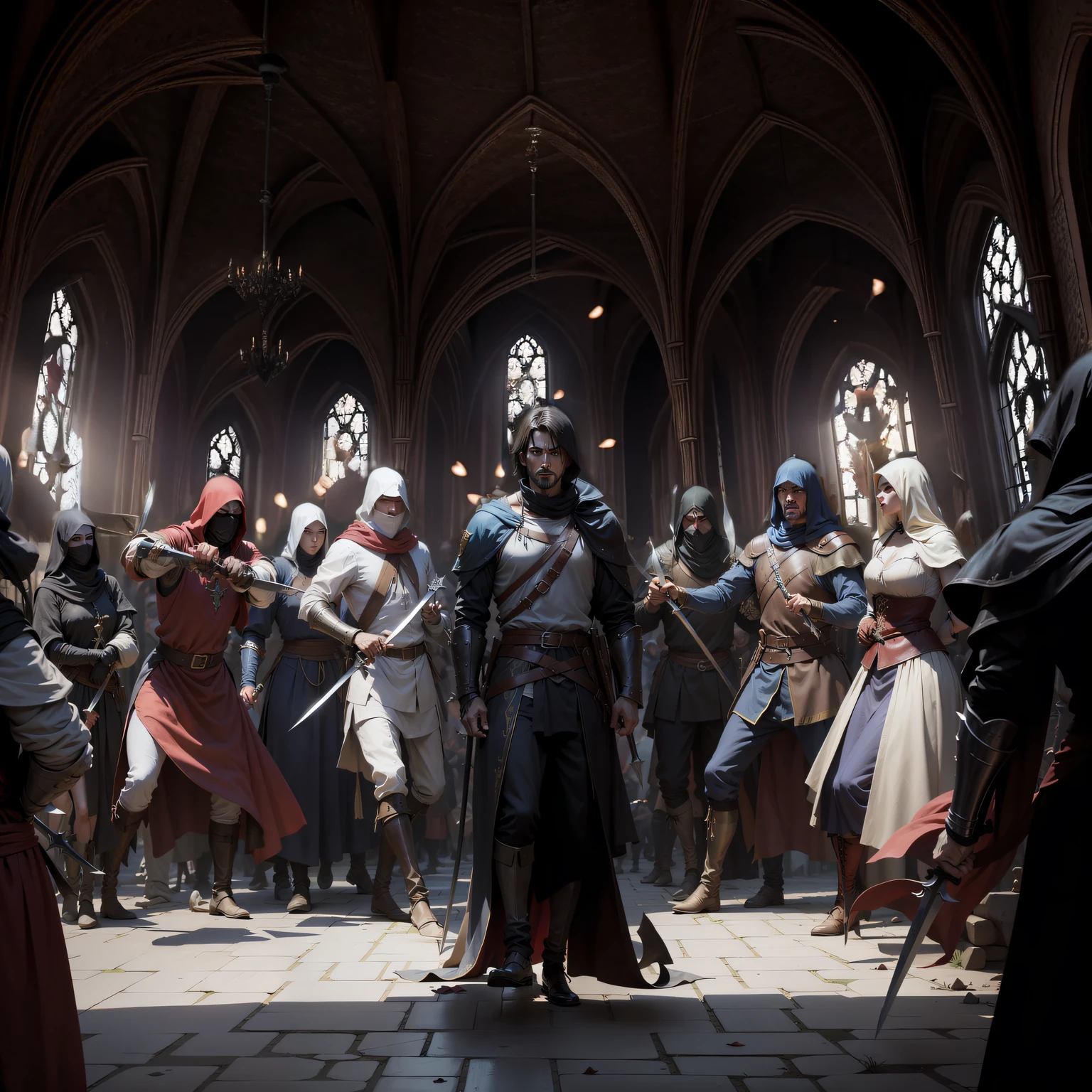 Dark medieval tall ballroom with rosette window in the middle, shadows, light rays from above, highly detailed