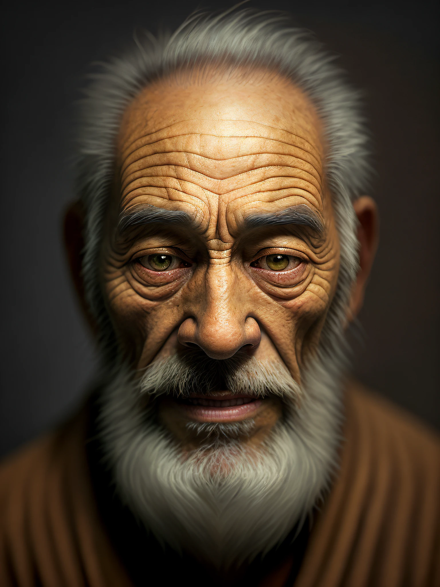 arafed man with a white beard and a brown jacket, ultra detailed portrait, portrait of monk, old man portrait, ultra realistic digital painting, cinematic realistic portrait, realistic digital painting, wise old man, photorealistic digital painting, hyper realistic digital painting, oriental face, highly realistic digital art, an old man, asian face, cinematic. by leng jun