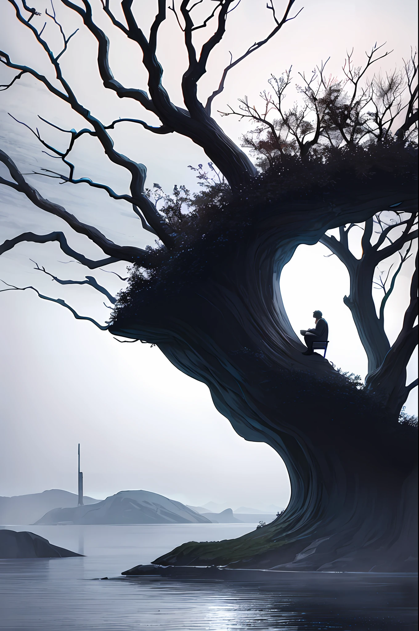 the night,Look up,,The cliffs below,There was a man sitting above a cliff,Looking Up The Sky,The sky is gray,Not a glimmer of light in sight,The wind was blowing around,The branches of the dead tree on the side reached out to the man like a ghost hand