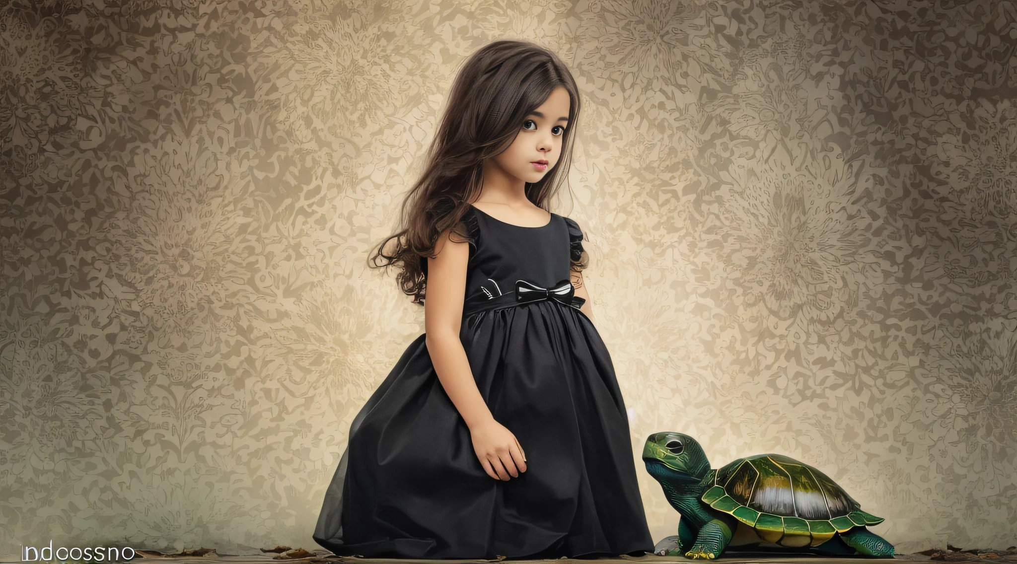 CHILD girl with a black bow and a black dress and TURTLE . , menina com cabelo castanho escuro, menina com cabelo castanho, fitas de cabelo preto, uma bela adolescente-idade, wearing hair bow, menina jovem, cabelo castanho e olhos grandes, foto de meio comprimento,