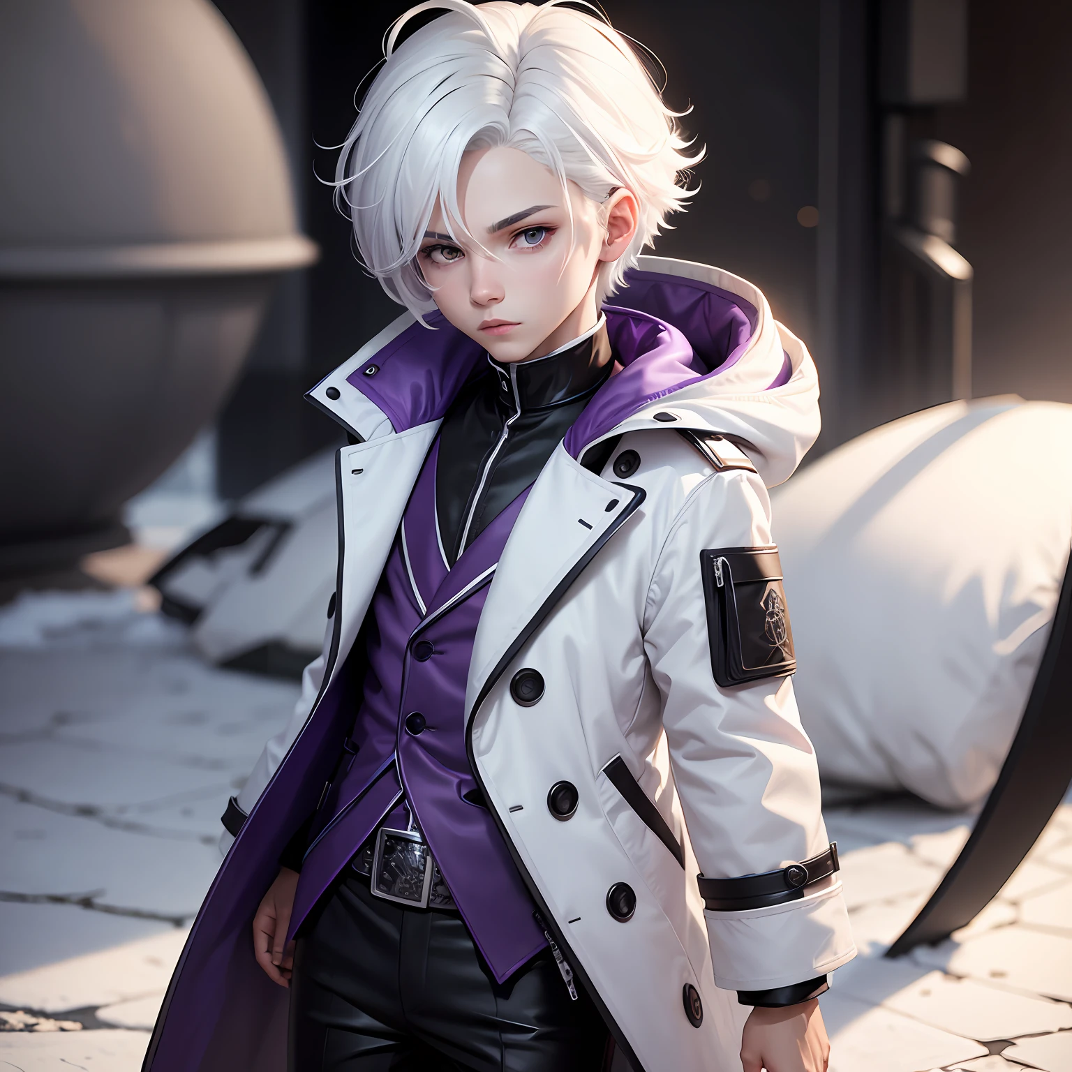 good textures, 8k, raytracing, artcartoon, boy, white hair, purple coat, black pants --auto