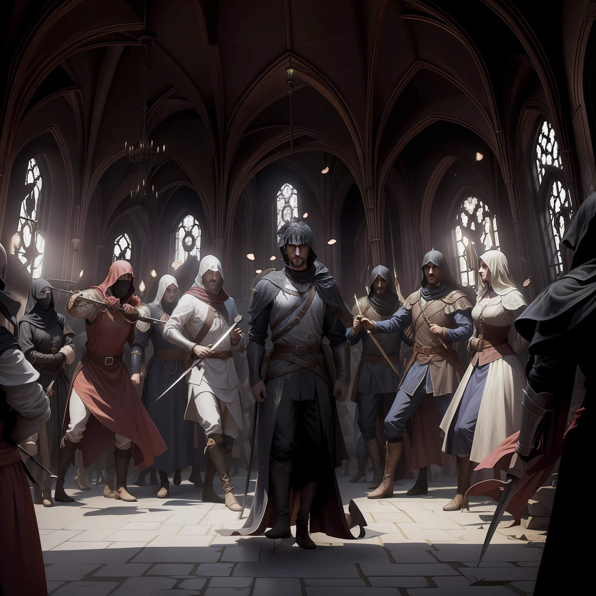 Dark medieval tall ballroom with rosette window in the middle, shadows, light rays from above, highly detailed