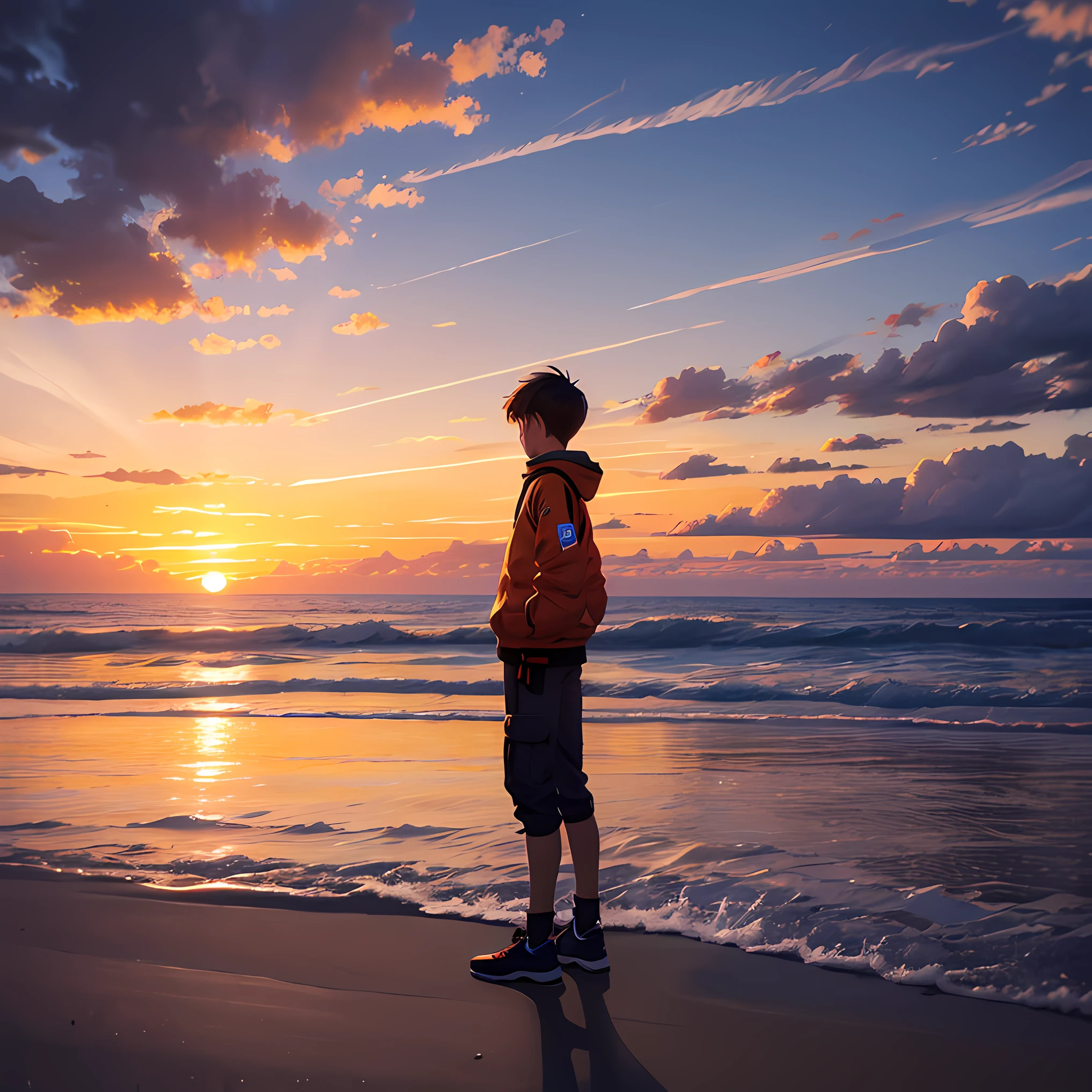 Unlimited life,Energized and dynamic,Sunset,A boy stood in the distance of the horizon,Looming --auto
