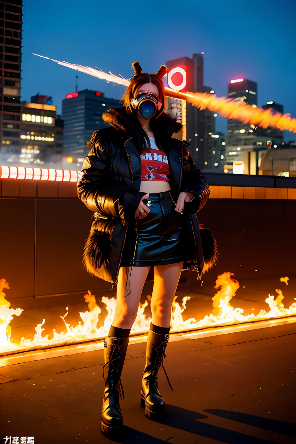 gals、Large gas mask、fur-coat、dictator、Big dragon tattoo、Tattoos all over the body、Glowing headgear、On the rooftop、Huge background is a neon sign、Leather gloves、long boots、Holding a Japan sword、Baseball armor、insurrection、Nuclear power plant in the background、Terrorist groups、Fluorescence Headgear、short-haired、bleu hair、Ignite fire from a flamethrower、middle school girl、14years、gas masks、high socks、Rooftop at night、City on fire in the background