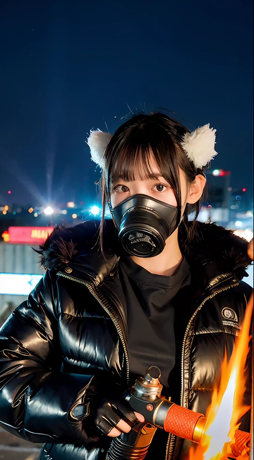 Large gas mask、fur-coat、dictator、Big dragon tattoo、Tattoos all over the body、Glowing headgear、On the rooftop、Huge background is a neon sign、Leather gloves、long boots、Holding a Japan sword、Baseball armor、insurrection、Nuclear power plant in the background、Terrorist groups、Fluorescence Headgear、short-haired、bleu hair、Ignite fire from a flamethrower、、14years、gas masks、 socks、Rooftop at night、City on fire in the background