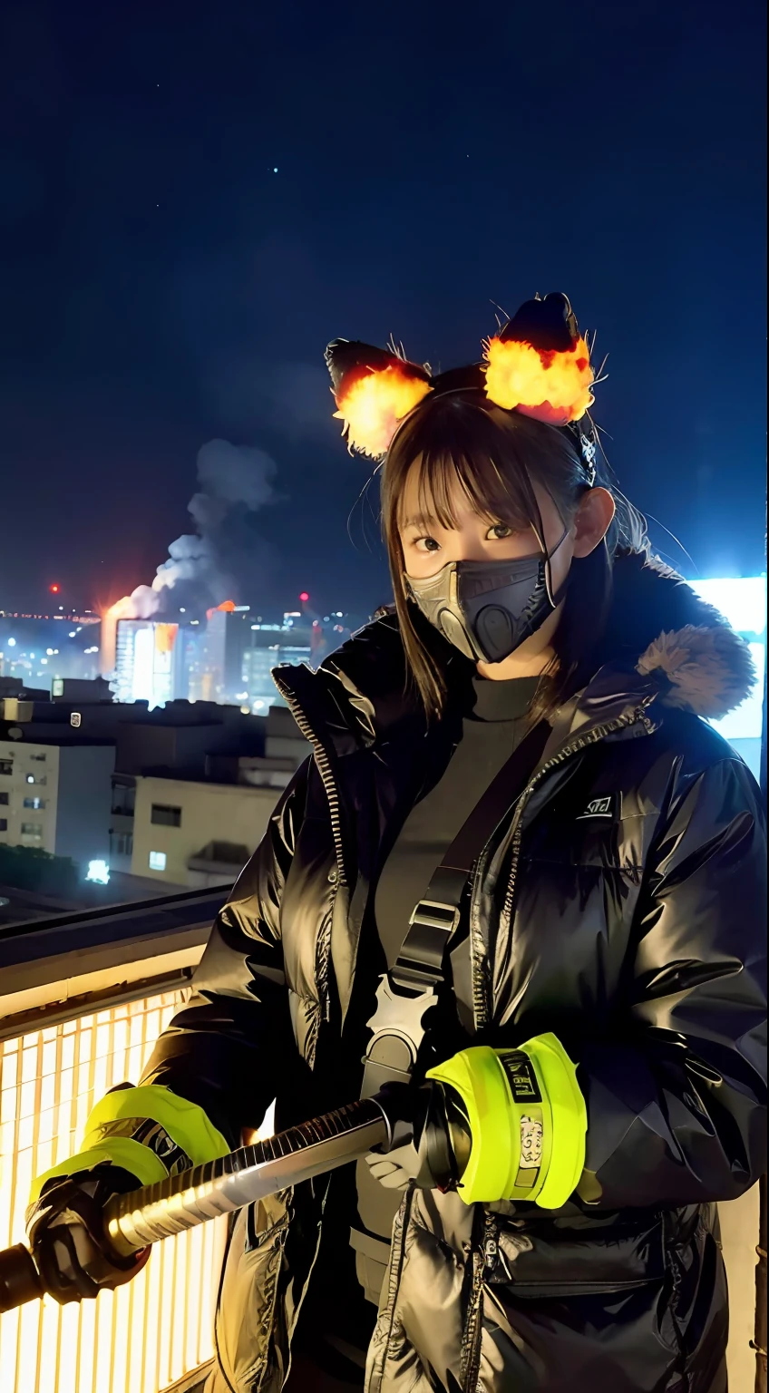 Large gas mask、fur-coat、dictator、Big dragon tattoo、Tattoos all over the body、Glowing headgear、On the rooftop、Huge background is a neon sign、Leather gloves、long boots、Holding a Japan sword、Baseball armor、insurrection、Nuclear power plant in the background、Terrorist groups、Fluorescence Headgear、short-haired、bleu hair、Ignite fire from a flamethrower、middle school girl、14years、gas masks、high socks、Rooftop at night、City on fire in the background