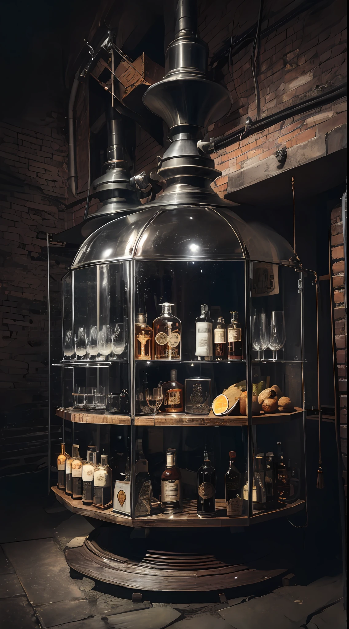 obra maestra, artefacto destilador de whiskey,  taberna clandestina, Steampunk moonshine whisky intrincada maquinaria,  realista, hermoso, Neon Noir Lighting, Kinematic, Epic Quality, EPICA resolution, Kodak Vision 3