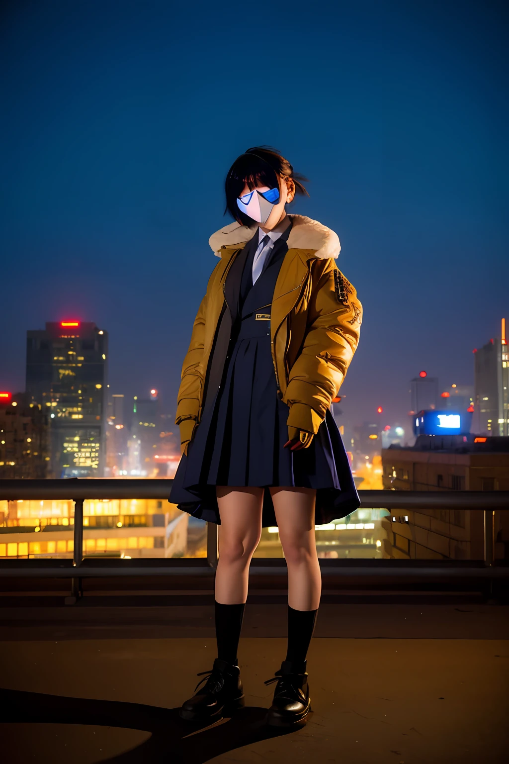 middle school girl、14years、Large gas mask、fur-coat、dictator、Big dragon tattoo、Tattoos all over the body、Glowing headgear、On the rooftop、Huge background is a neon sign、Leather gloves、long boots、Holding a Japan sword、Baseball armor、insurrection、Nuclear power plant in the background、Terrorist groups、Fluorescence Headgear、short-haired、bleu hair、Ignite fire from a flamethrower、middle school girl、14years、gas masks、high socks、Rooftop at night、City on fire in the background
