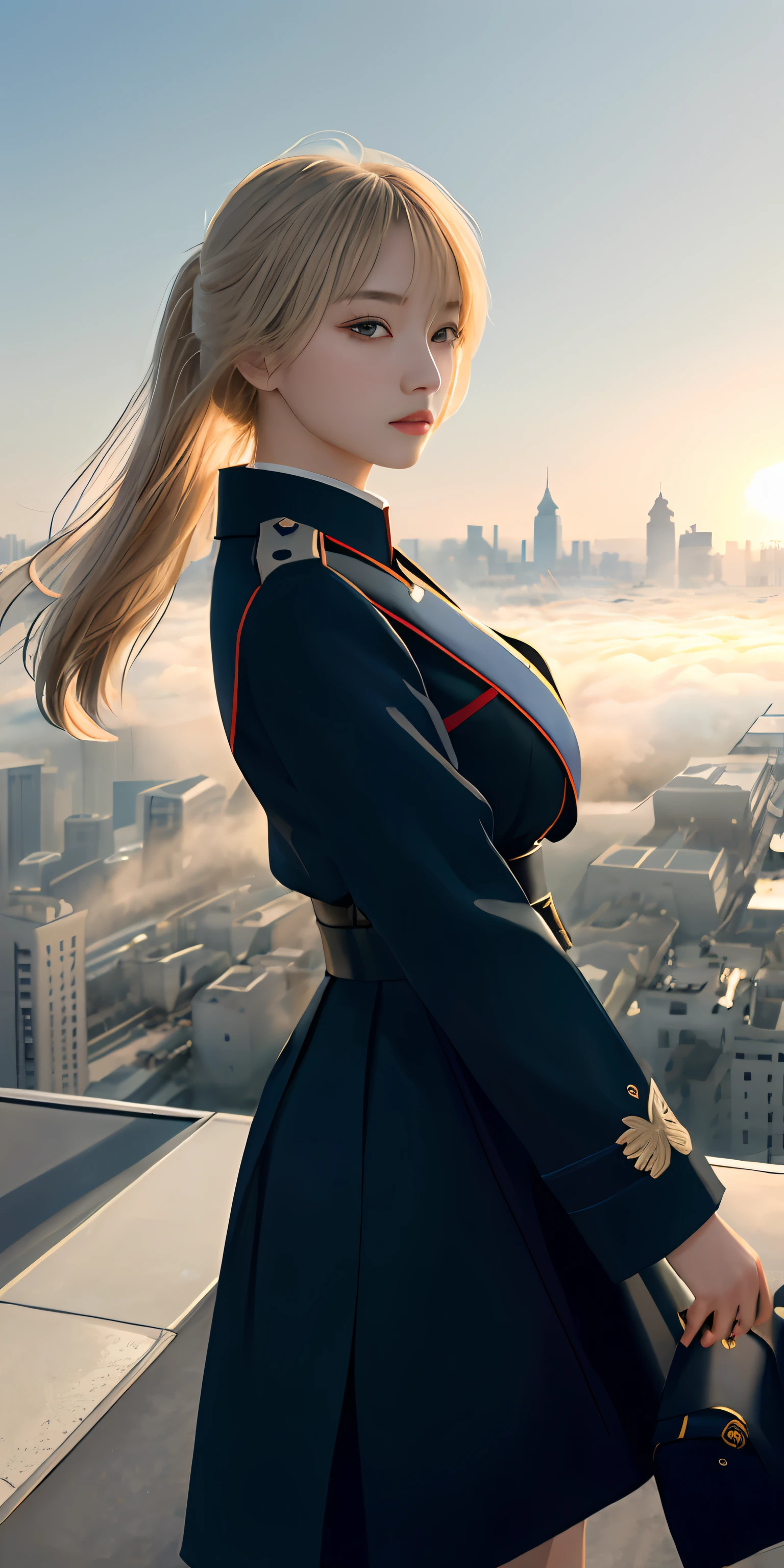 (1girl:1.3), 独奏, (((very vey very detailed face))),((very detailed eyes and faces))),beatiful detailed eyes,Body parts__,offcial art,Unified 8k wallpaper,ultra-detailliert,Beautiful and beautiful,big breasts beautiful,tmasterpiece,best qualtiy,primitive,tmasterpiece,ultra fine photos,best qualtiy,超高分辨率,photorealistic realism,rays of sunshine,full-body portraits,stunningly beautiful,,dynamicposes,delicated face,vibrant eyes,(from the front side), naval uniform,Red and black color scheme,navy,Very detailed city roof background, Roof,looking over city,详细的脸,detailed complex busy background,untidy,opulent,milkyW,highly detailedskin,Realistic details of skin,Visible pores,Clear focus,volume fog,8k uhd,digital SLR camera,high qulity,filmgrain,White skin of the,photo-realism,lomography,A huge metropolis of the dystopia of the future, semi transparent