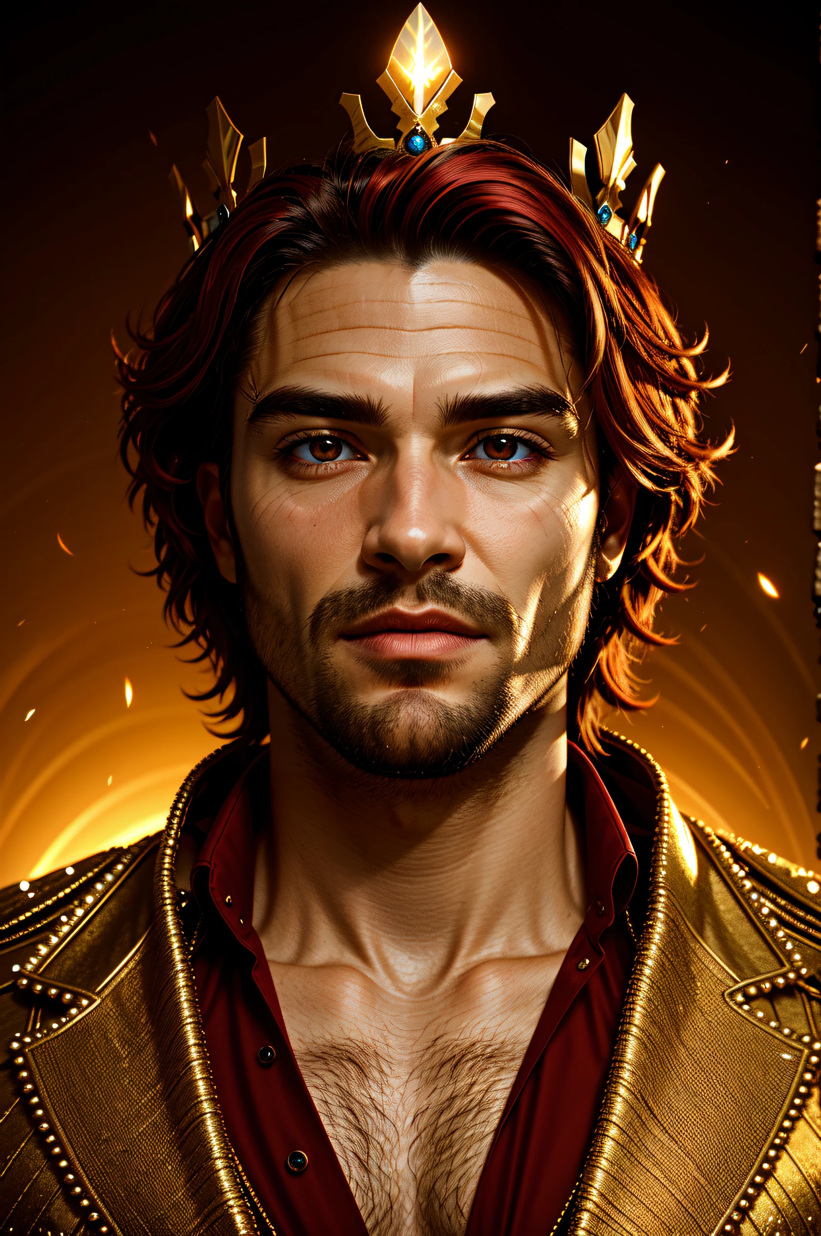 HotBoys,1boy, male focus, beard, stubble, facial hair, multicolored hair, crown, god, (masculine), red eyes, sidelighting, lustrous skin,(bloom), (shine), detailed lighting,very detailed background, highly detailed background, Masterpiece, Ultra detailed, great composition,Dynamic angle,(Highest picture quality), (Master's work), extreme light and shadow, masterpiece, rich in detail, (highest quality), (masterpiece),