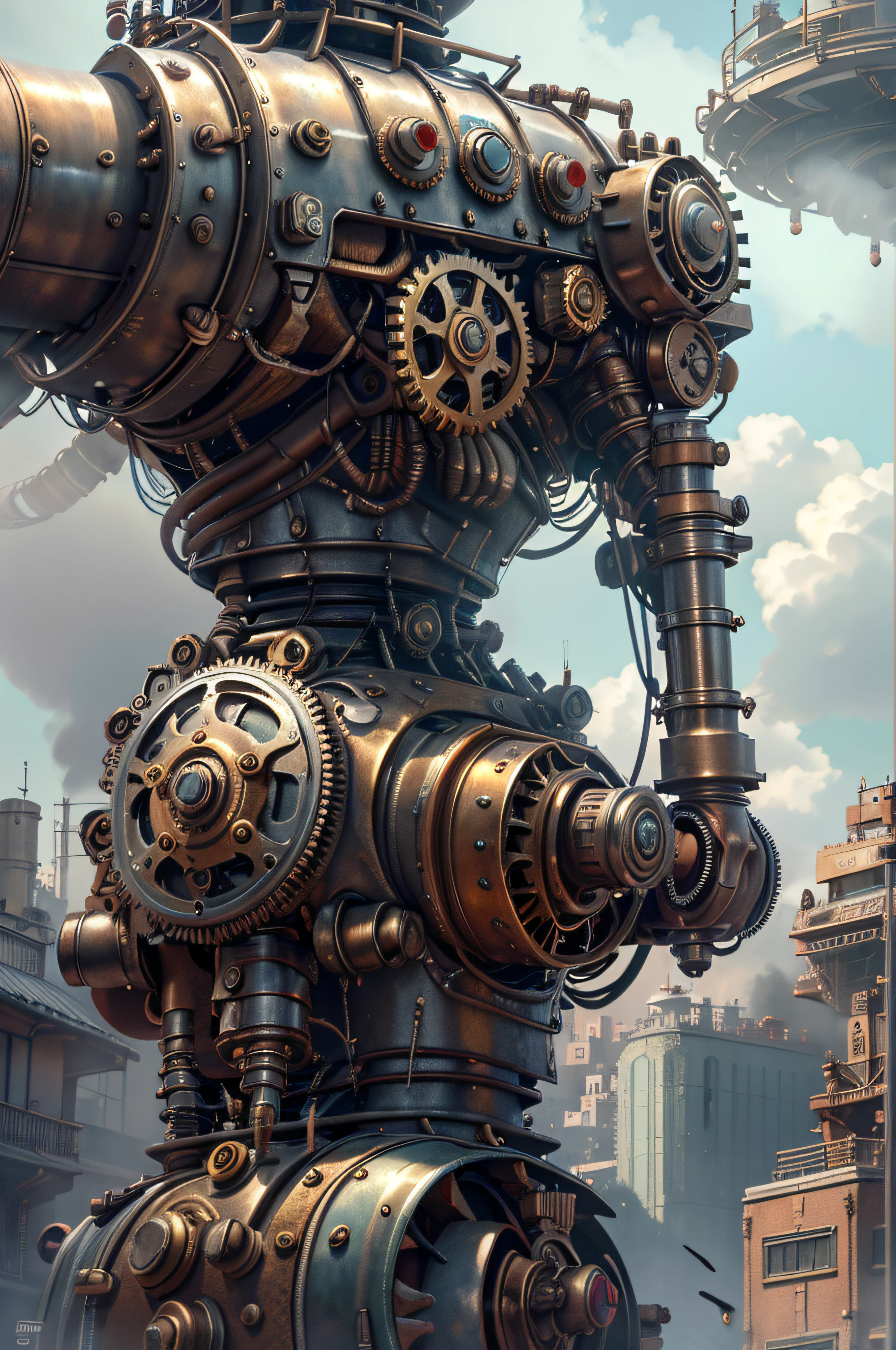 master part,melhor qualidade,fotorrealista,melhor sombra,delicado,..RAW,ultra high-resolution,Arte hiper-realista,gallery-grade work,Arte Oficial,wallpaper forced,?? mil,,ultra precise,visualmente impressionante,Obra-prima sublime,peak clarity,1 enorme cidade Steampunk,High-rise buildings covered by behemoth-like mechanical devices,show a scene of sharp contrast,Uma camada de nuvens subindo desordenadamente sobre a cidade,Huge steampunk buildings,The surface is covered with complex gears and mechanical devices,(eyesight,full view,corpo inteiro:1.2),(Nas paredes da cidade Steampunk,1 soldiers in strong mechanical armor.,Handheld Steam Gun,Guard the safety of the city:1.2),Steampunk,dirigible,Steam robot,