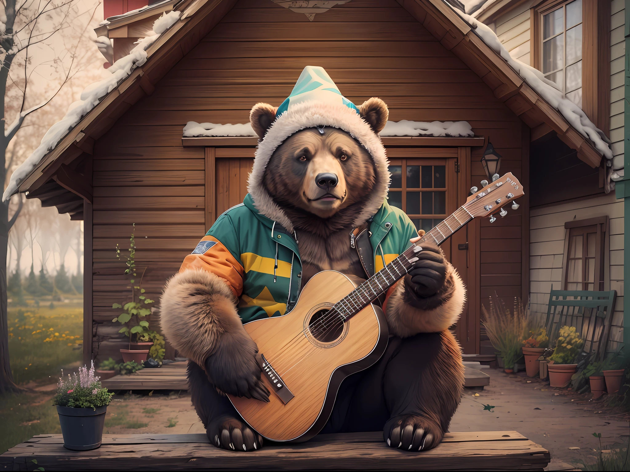Russian bear in a hat with earflaps and a jacket. in the hands of a Russian triangular guitar against the background of a wooden Russian house with platbands and a ploughshare The bear looks directly at the camera. Smiling. sitting on a bench. A cat sits under your feet. style of, as Dima Asuke.