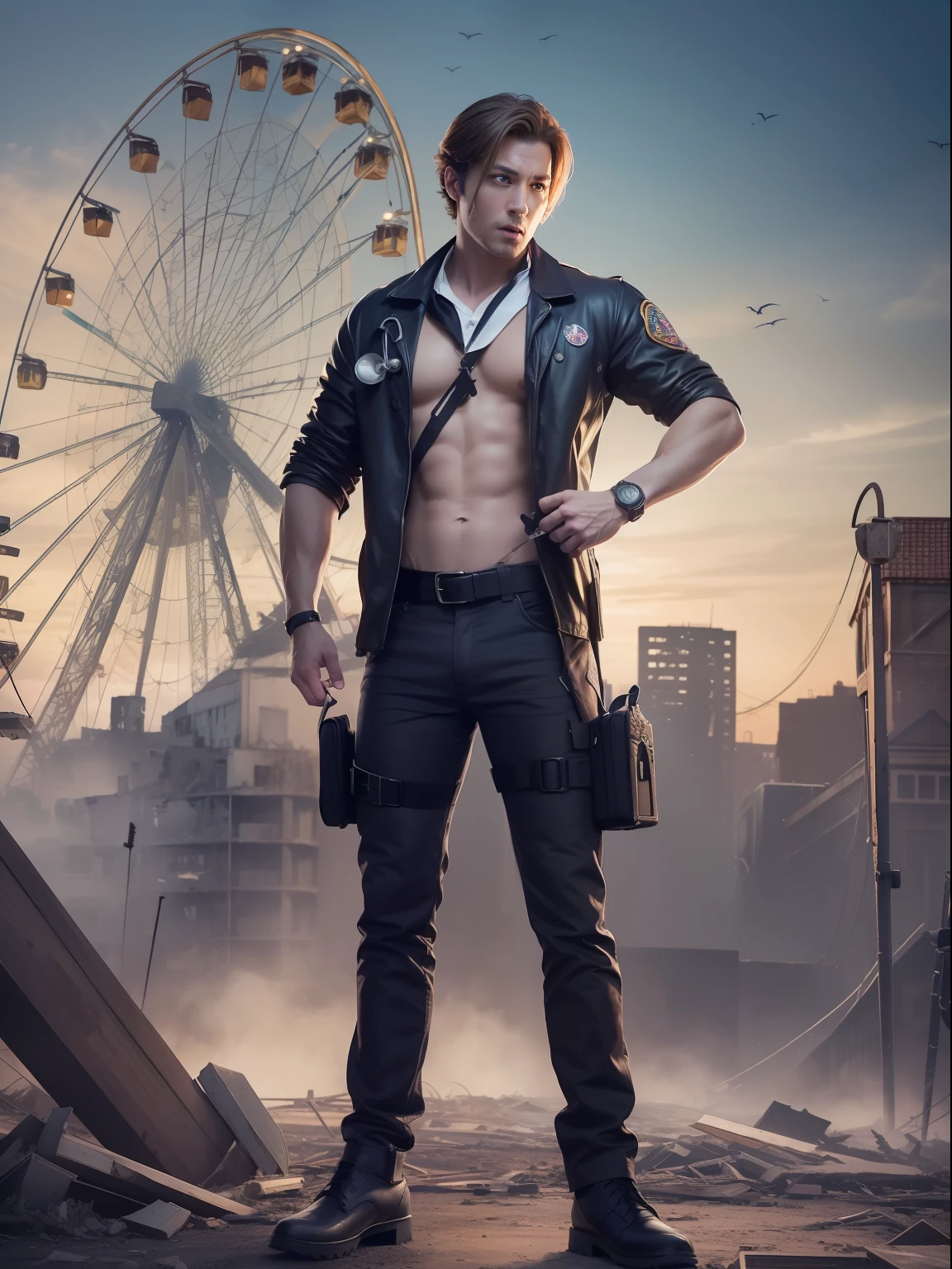 (masterwork) Very high quality, Full body shot, Super detailed shooting, Resident Evil setting, Male clergy medical personnel, The wounds of a male stripper examined on the Magic Sky Wheel at a ruined city amusement park, 32K resolution, Best quality, Dynamic pose, actionpose, Surreal and charming.