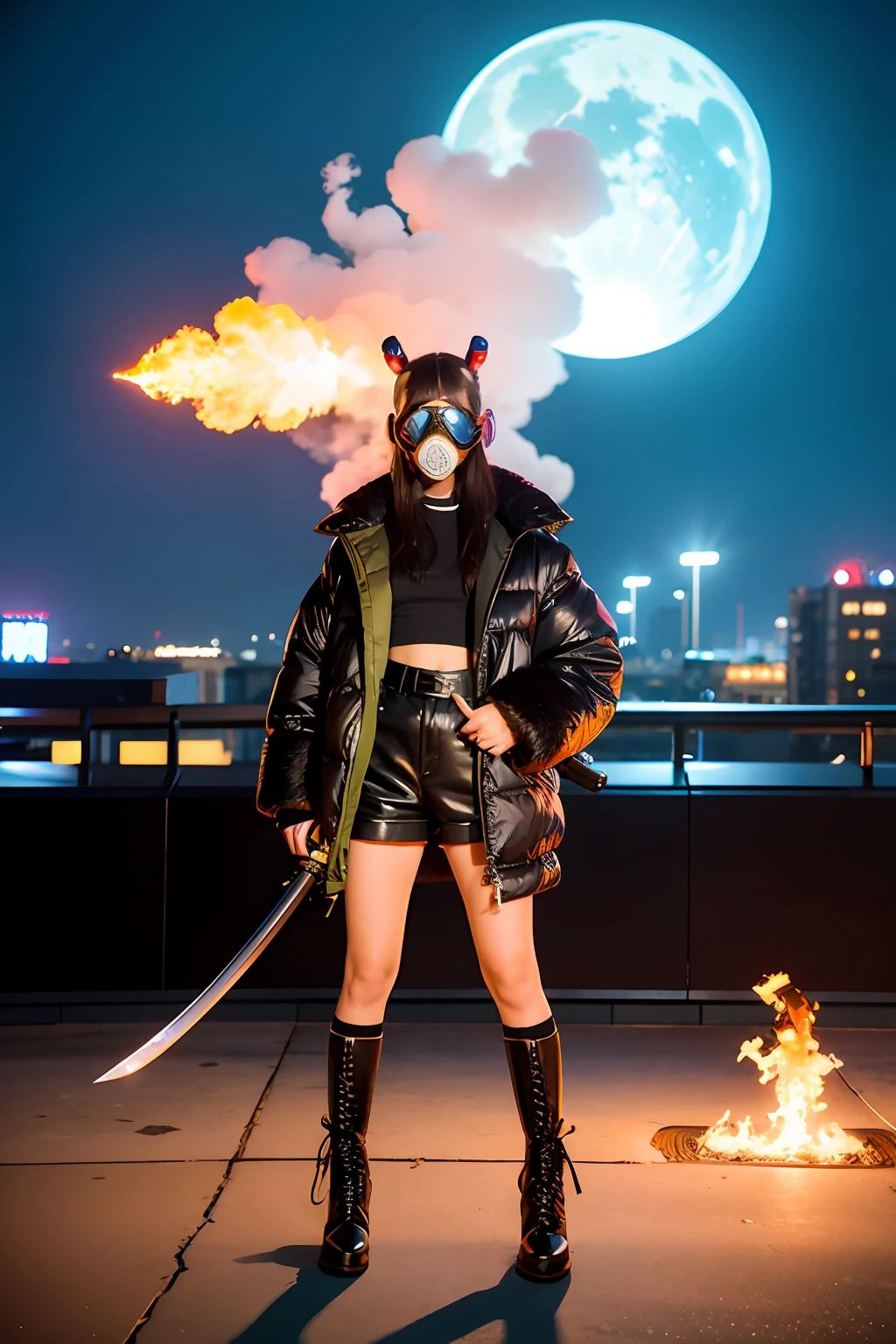 gals、Large gas mask、fur-coat、dictator、Big dragon tattoo、Tattoos all over the body、Glowing headgear、On the rooftop、Huge background is a neon sign、Leather gloves、long boots、Holding a Japan sword、Baseball armor、insurrection、Nuclear power plant in the background、Terrorist groups、Fluorescence Headgear、short-haired、bleu hair、Ignite fire from a flamethrower、middle school girl、14years、gas masks、high socks、Rooftop at night、City on fire in the background