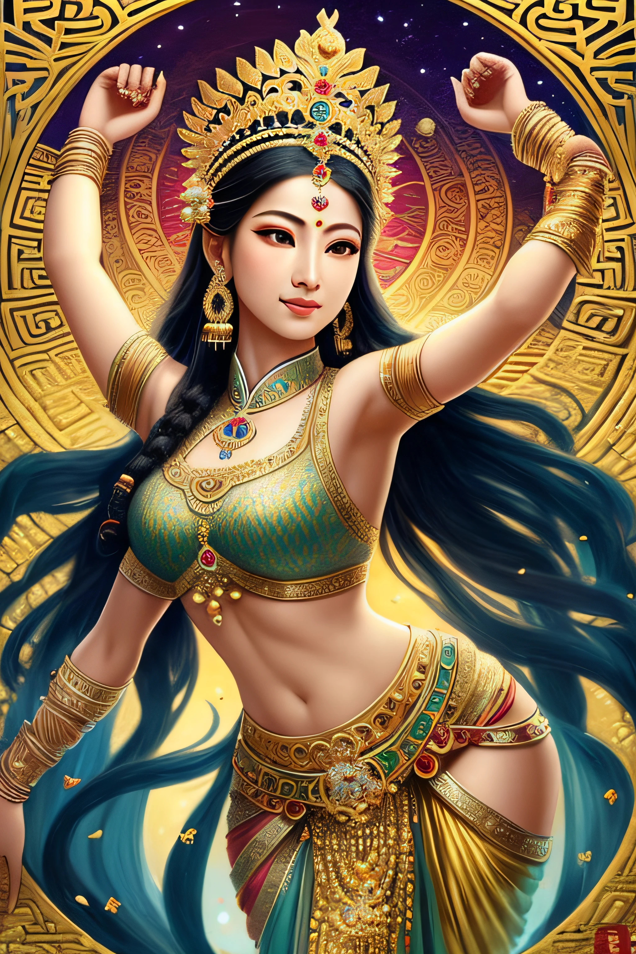 Beautiful Indian goddess dancing with both hands, body with four arms, elegant beauty, gilded lotus princess, a beautiful fantasy queen, ancient Indian princess, ((beautiful fantasy queen)), goddess. Extremely high detail, portrait of beautiful goddess, princess of ancient Asian dynasty, Indian goddess of wealth, beautiful goddess, ancient Chinese beauty