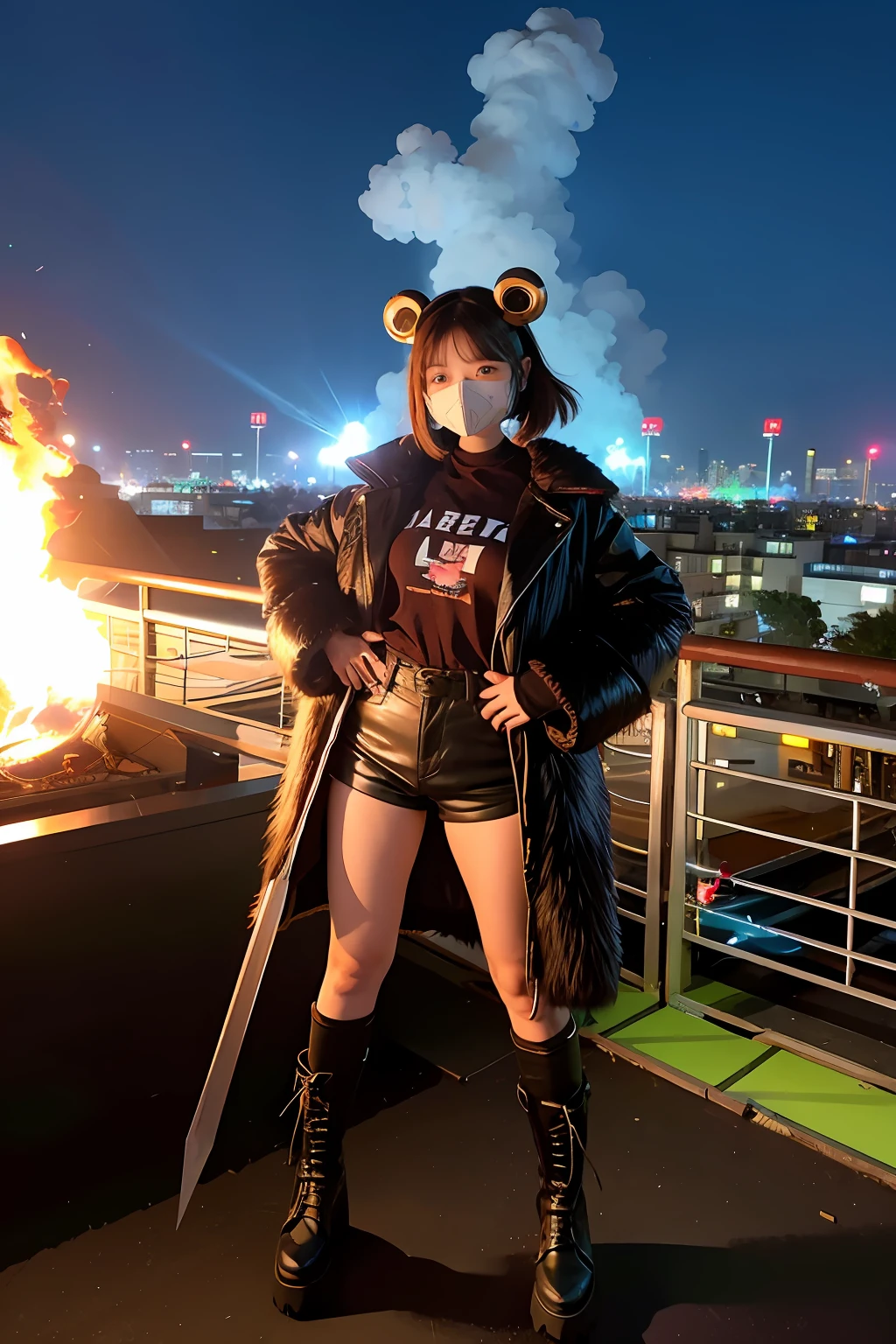 gals、Large gas mask、fur-coat、dictator、Big dragon tattoo、Tattoos all over the body、Glowing headgear、On the rooftop、Huge background is a neon sign、Leather gloves、long boots、Holding a Japan sword、Baseball armor、insurrection、Nuclear power plant in the background、Terrorist groups、Fluorescence Headgear、short-haired、bleu hair、Ignite fire from a flamethrower、middle school girl、14years、gas masks、high socks、Rooftop at night、City on fire in the background