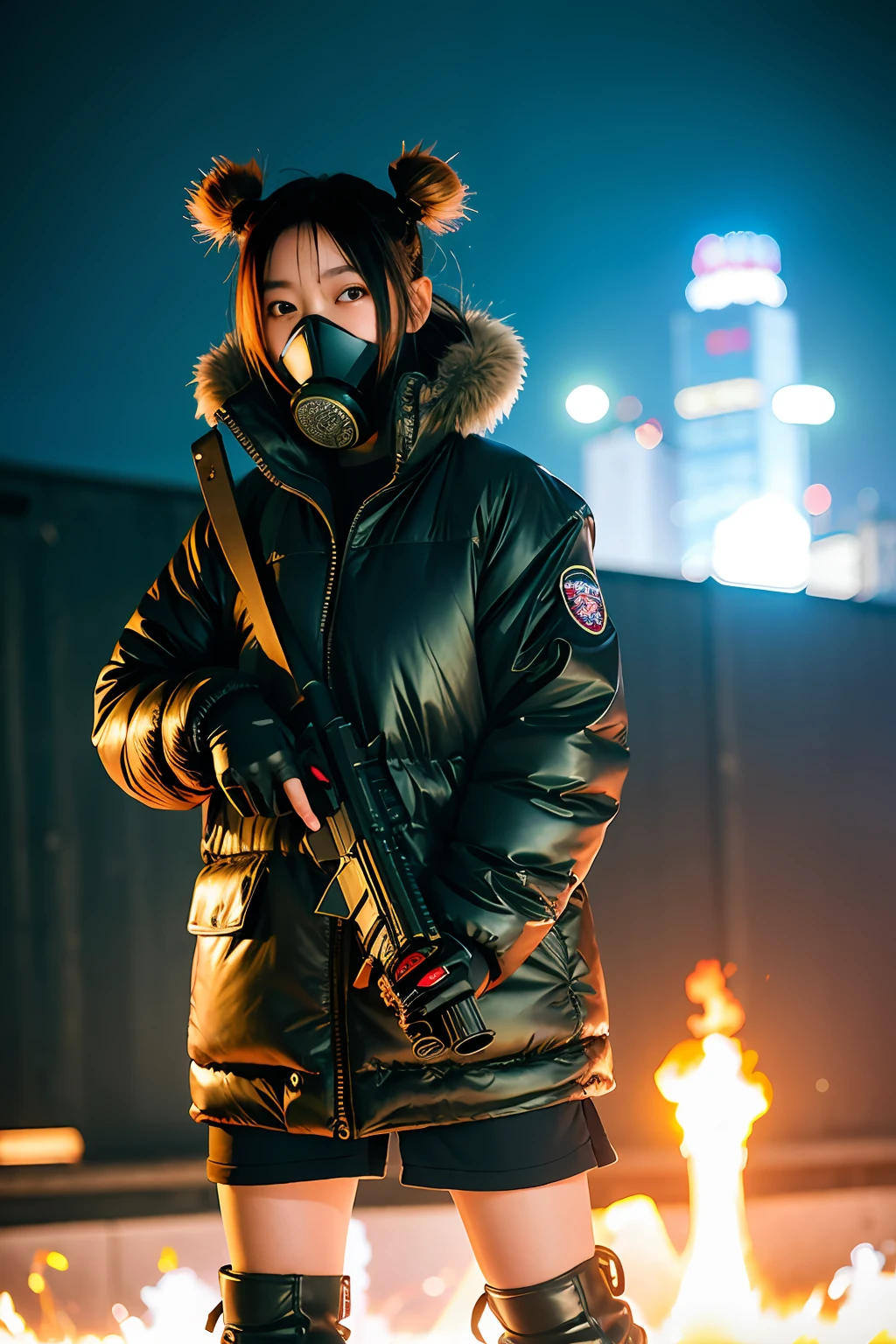 Large gas mask、fur-coat、dictator、Big dragon tattoo、Tattoos all over the body、Glowing headgear、On the rooftop、Huge background is a neon sign、Leather gloves、long boots、Holding a Japan sword、Baseball armor、insurrection、Nuclear power plant in the background、Terrorist groups、Fluorescence Headgear、short-haired、bleu hair、Ignite fire from a flamethrower、middle school girl、14years、gas masks、high socks、Rooftop at night、City on fire in the background