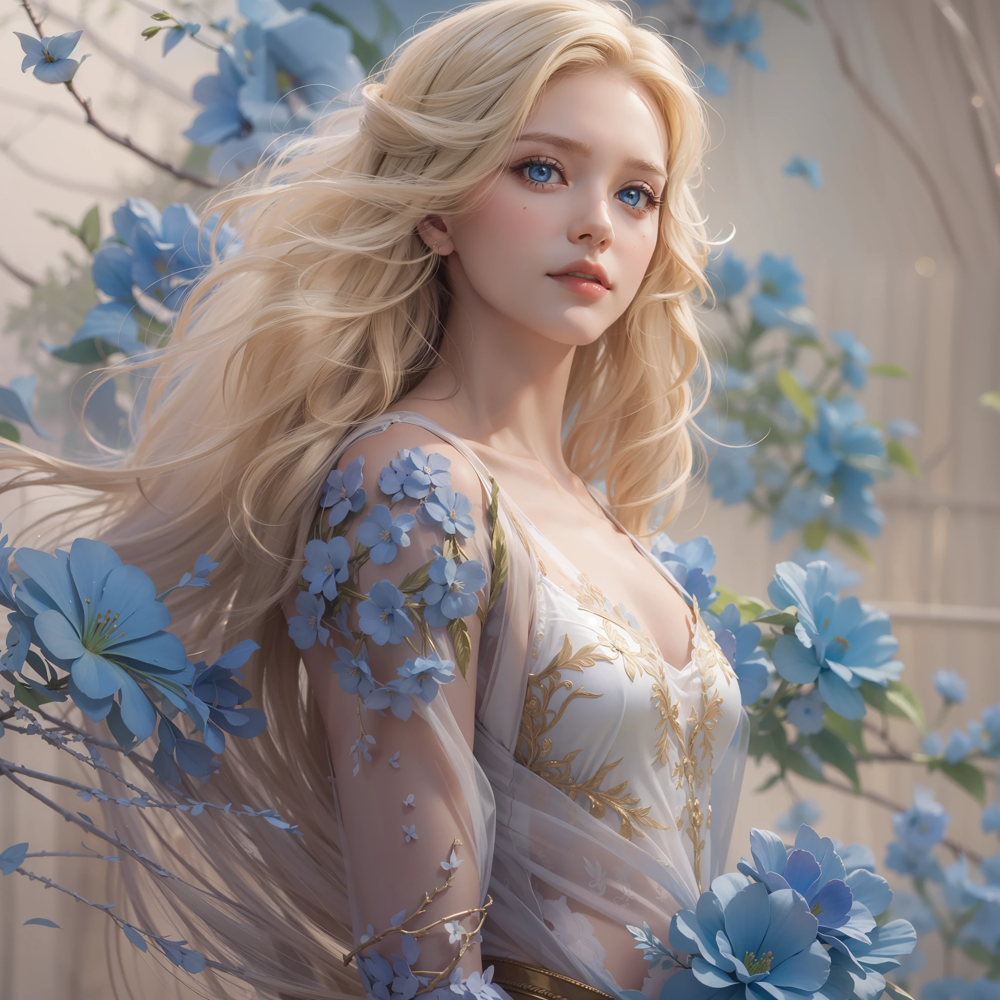 "(((obra-prima))), melhor qualidade, ultra-detallhado, High resolution CG image with a beautiful blonde woman with bright blue eyes, retratados em detalhes fascinantes. His delicate body is accurately represented at every angle. Ela possui longos cabelos loiros que caem suavemente sobre seu vestido da era vitoriana. The upper part of his body is sculpted to perfection. "
