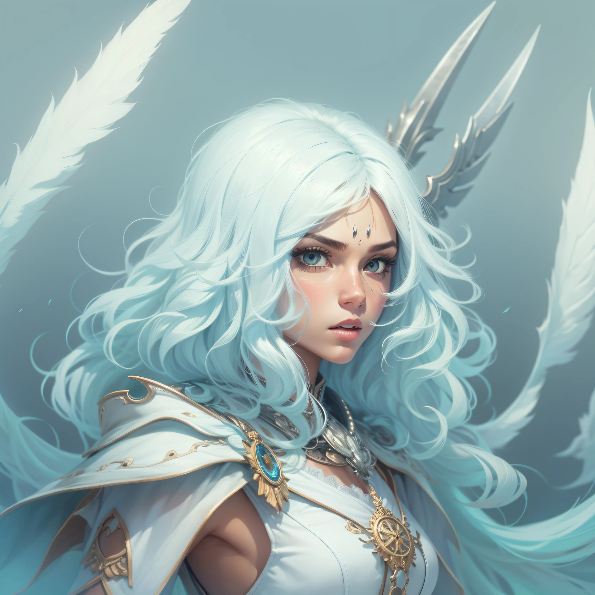 personagem 2D cabelo branco com espadas na costa com olhos azuis
