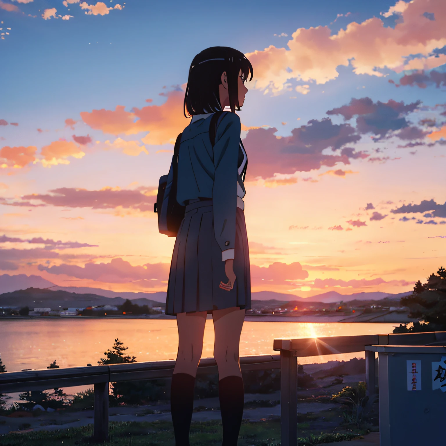 1 girl, standing back to the viewer, facing at the sky, orange blue sky, perfect sky condition, kimi no nawa sky, sunset sky, detailed japanese high school uniform, detailed sky, a little bit star, shiina mahiru, mashiro shiina --auto