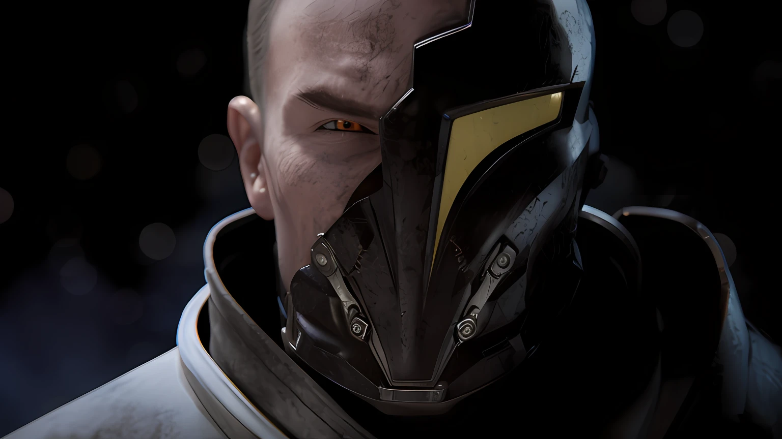 arafed man in a helmet with a yellow eye, unreal engine character art, 8k portrait render, menacing. unreal 5, unreal 5. rpg portrait, daniel maidman octane rendering, ultra detailed content : face, detailed cinematic render, face of an armored villian, 2 d concept art head macro shot, cinematic close-up bust shot