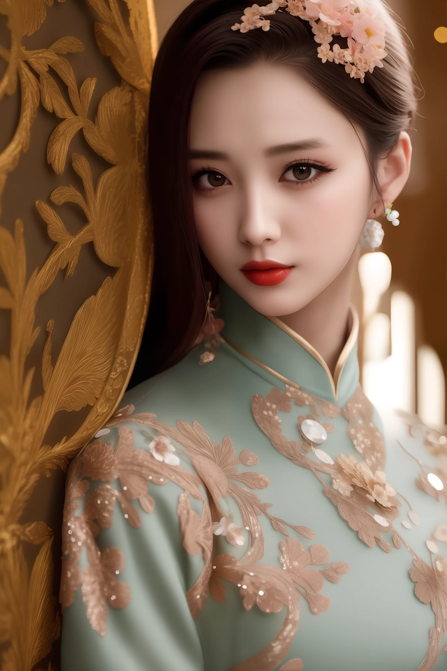 top-quality、masterpiece、hight resolution、Wuxi 1girl、qipao dress、Super beautiful face、Super beautiful eyes、Super beautiful hair、Chinese Drama