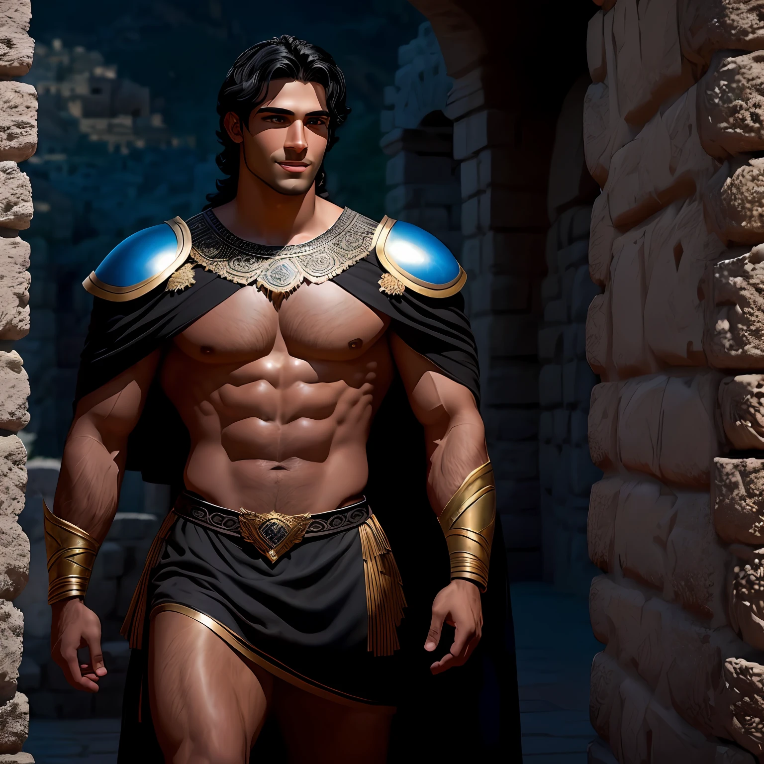 handsome disney prince dark black hair is smiling, blue eyes, striking eyebrows and cement face, white olive skin, sun tanned skin. greek warrior demigod bobadilla muscular with face of shakira, handsome roman warrio --auto