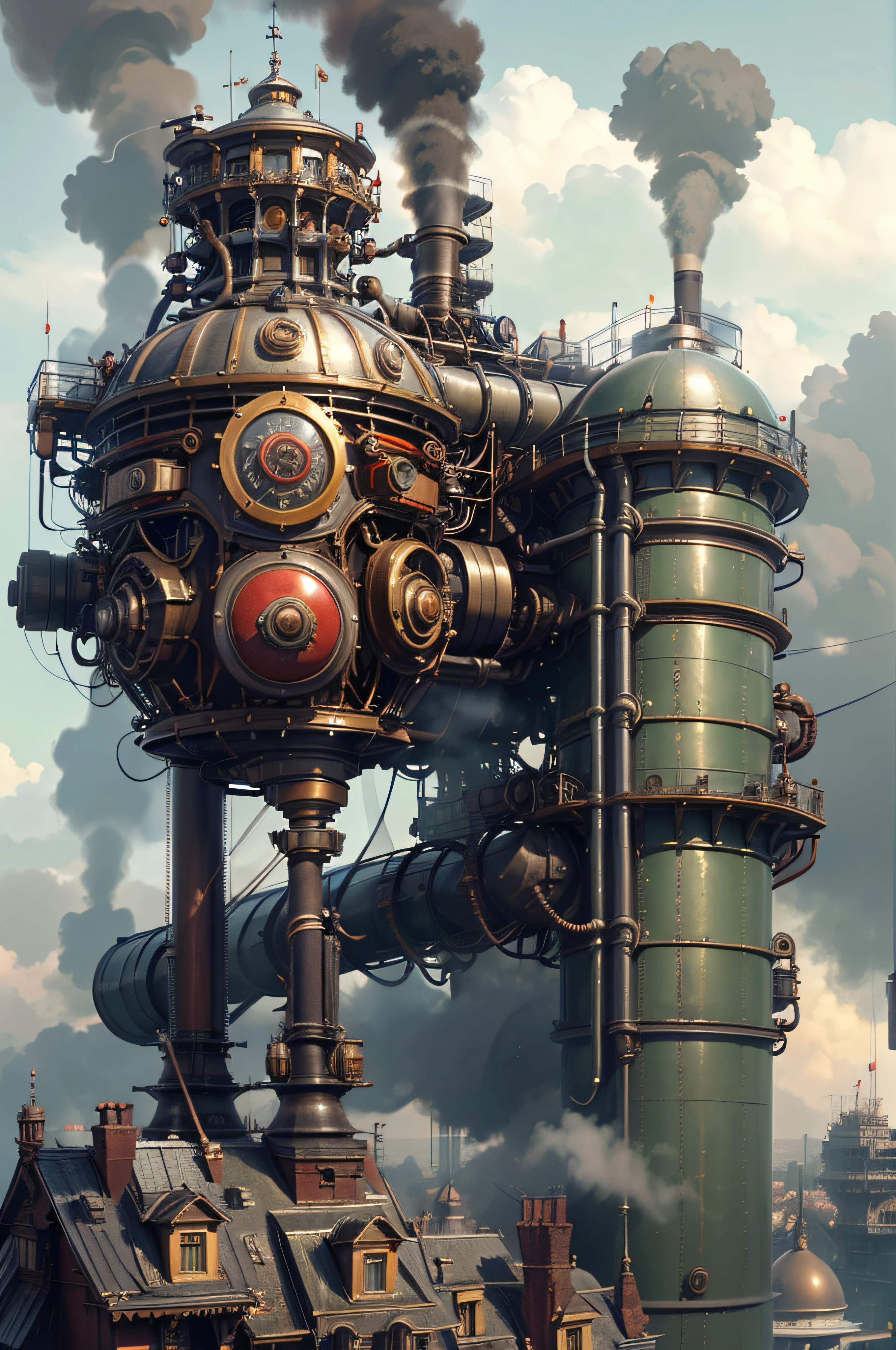 master part,melhor qualidade,fotorrealista,melhor sombra,delicado,..RAW,ultra high-resolution,Arte hiper-realista,gallery-grade work,Arte Oficial,wallpaper forced,64 mil,,ultra precise,visualmente impressionante,Obra-prima sublime,peak clarity,1 enorme cidade Steampunk,High-rise buildings covered by behemoth-like mechanical devices,show a scene of sharp contrast,Uma camada de nuvens subindo desordenadamente sobre a cidade,Huge steampunk buildings,The surface is covered with complex gears and mechanical devices,(eyesight,full view,corpo inteiro:1.2),(Nas paredes da cidade Steampunk,1 soldiers in strong mechanical armor.,Handheld Steam Gun,Guard the safety of the city:1.2),Steampunk,dirigible,Steam robot,